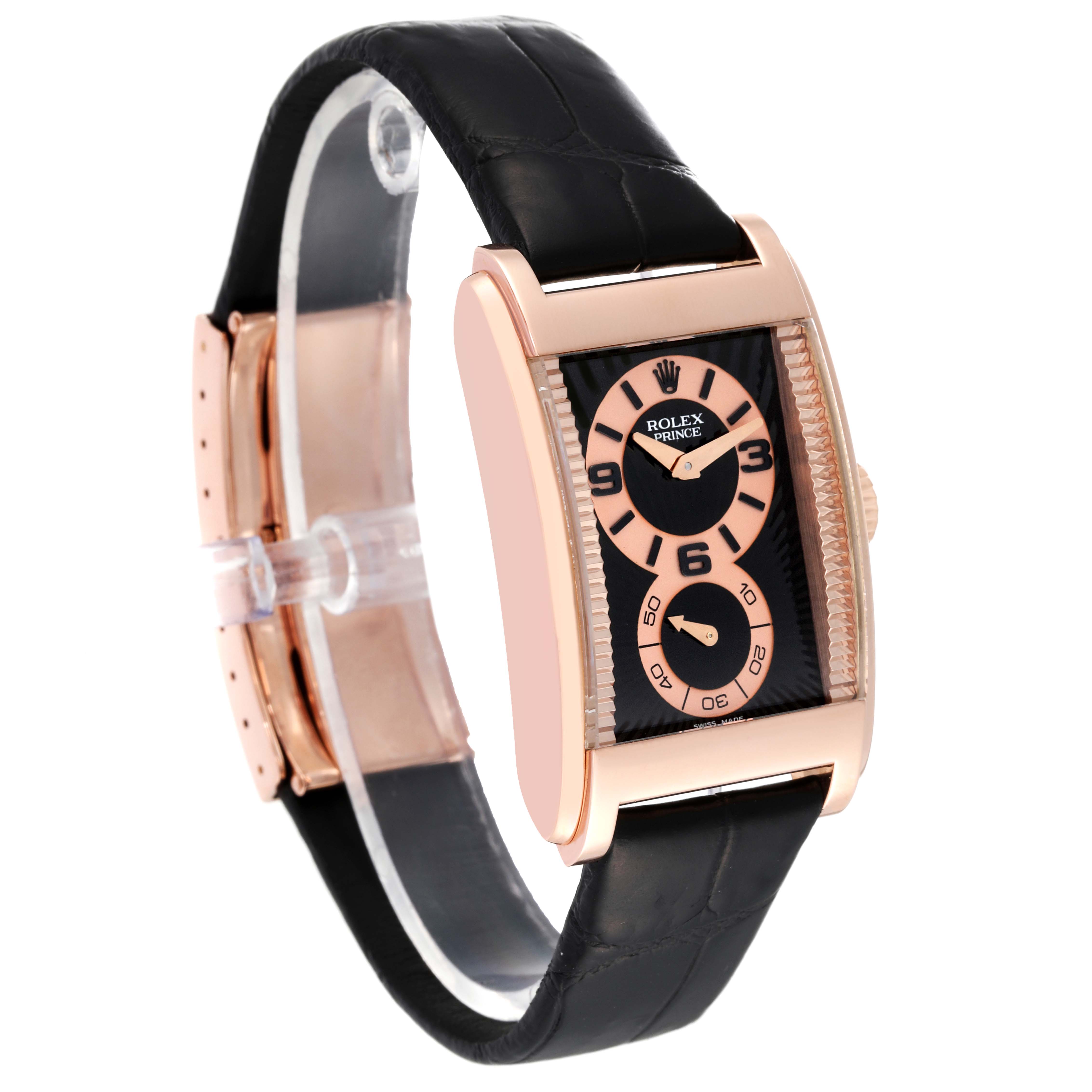 The Rolex Cellini 5442 Men's Rose Gold Black Dial 5442 Men's Rose Gold Black Dial Prince watch is shown at a three-quarter angle, highlighting its leather strap and rectangular dial with rose gold accents.