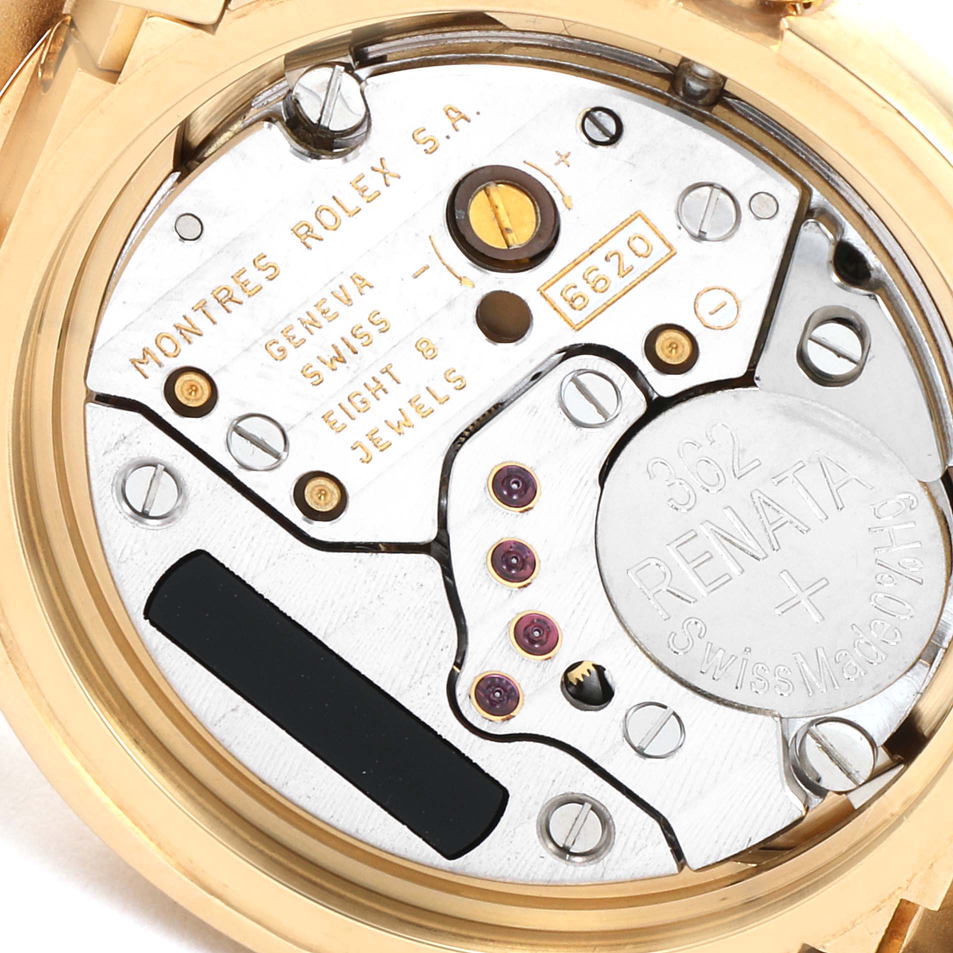 The image shows the inner mechanics and movement of a Rolex Cellini 6621 Women's Yellow Gold White Dial 6621 Women's Yellow Gold White Dial model watch.