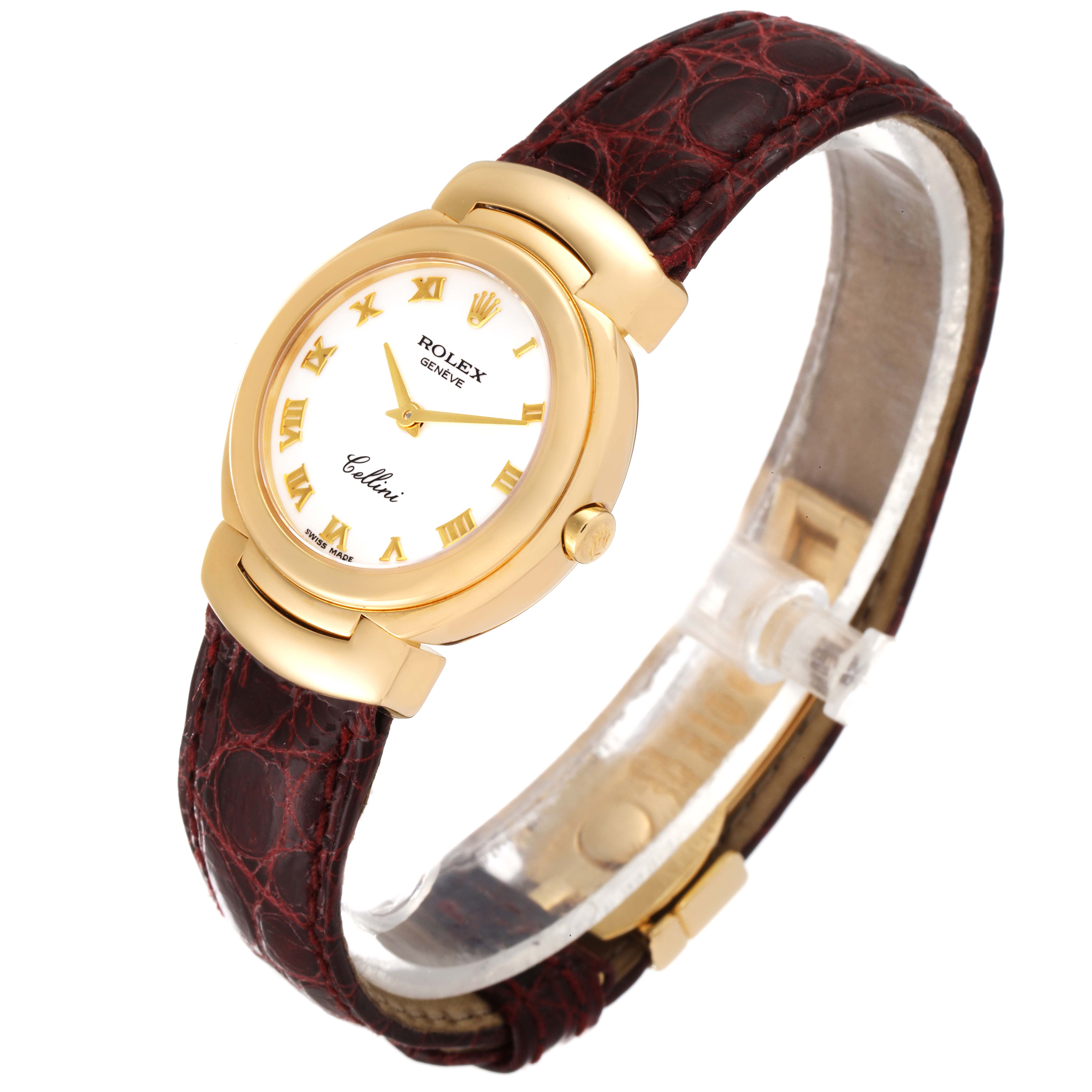 The image shows a Rolex Cellini 6621 Women's Yellow Gold White Dial 6621 Women's Yellow Gold White Dial watch at a slight angle, highlighting the gold case, white dial, Roman numerals, and maroon leather strap.