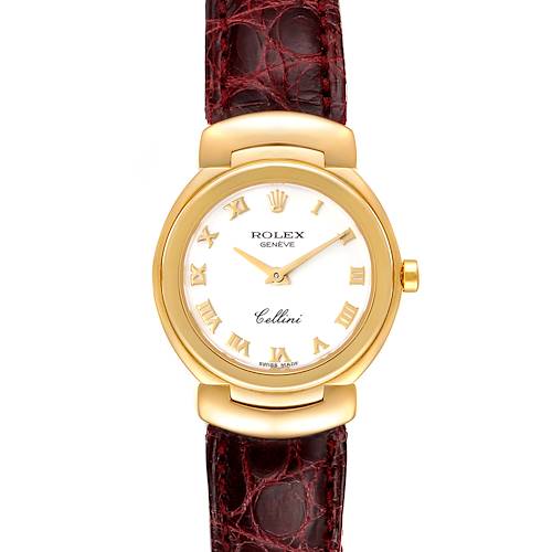 Photo of Rolex Cellini Yellow Gold White Dial Brown Strap Ladies Watch 6621