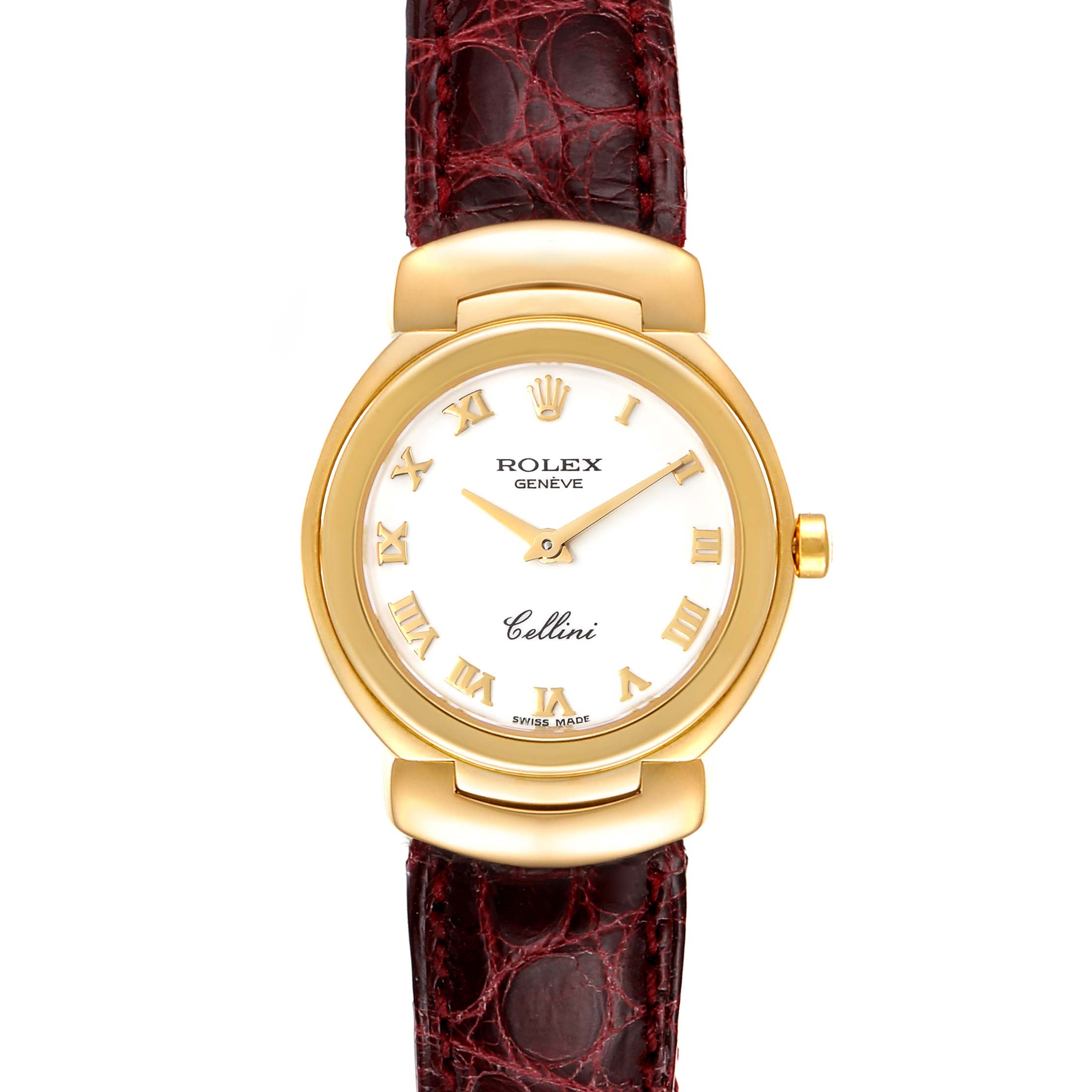 The image shows a front view of a Rolex Cellini 6621 Women's Yellow Gold White Dial 6621 Women's Yellow Gold White Dial watch with a gold case and Roman numerals on a white dial, attached to a brown leather strap.