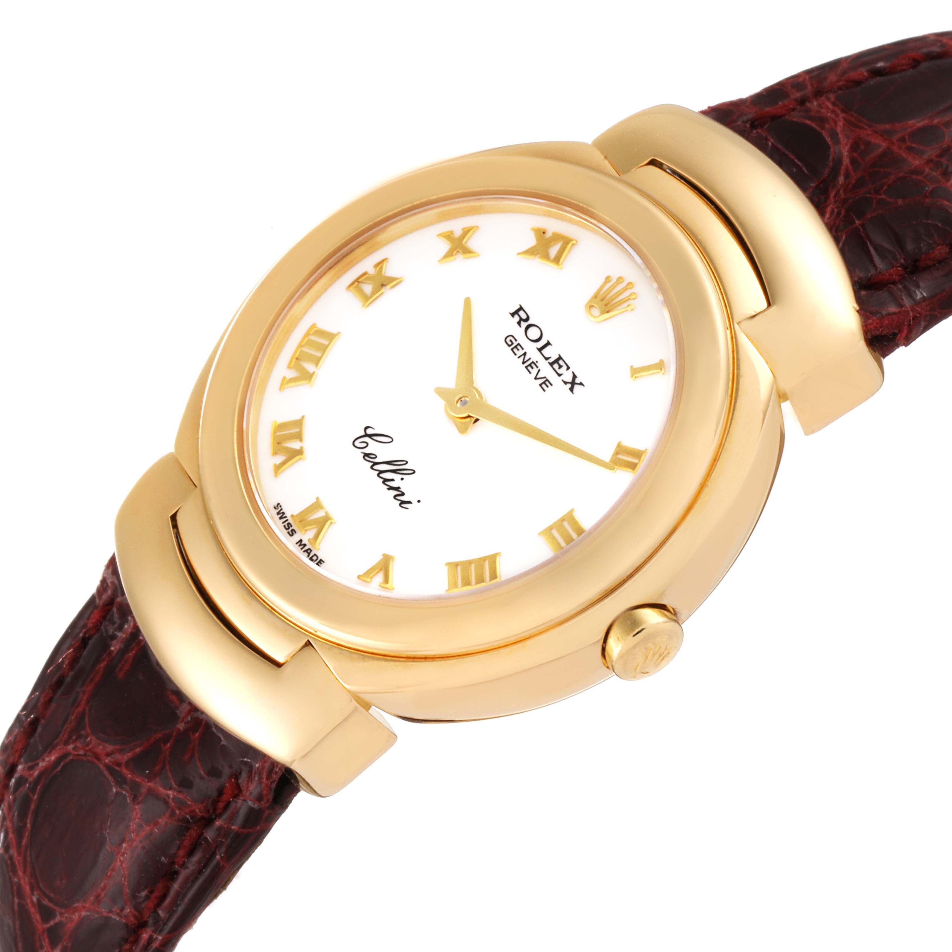 The image shows a top-down view of a Rolex Cellini 6621 Women's Yellow Gold White Dial 6621 Women's Yellow Gold White Dial watch, highlighting the watch face, gold case, and leather strap.