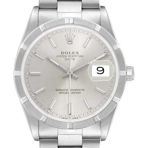 Photo of Rolex Date Steel Silver Dial Engine Turned Bezel Mens Watch 15210