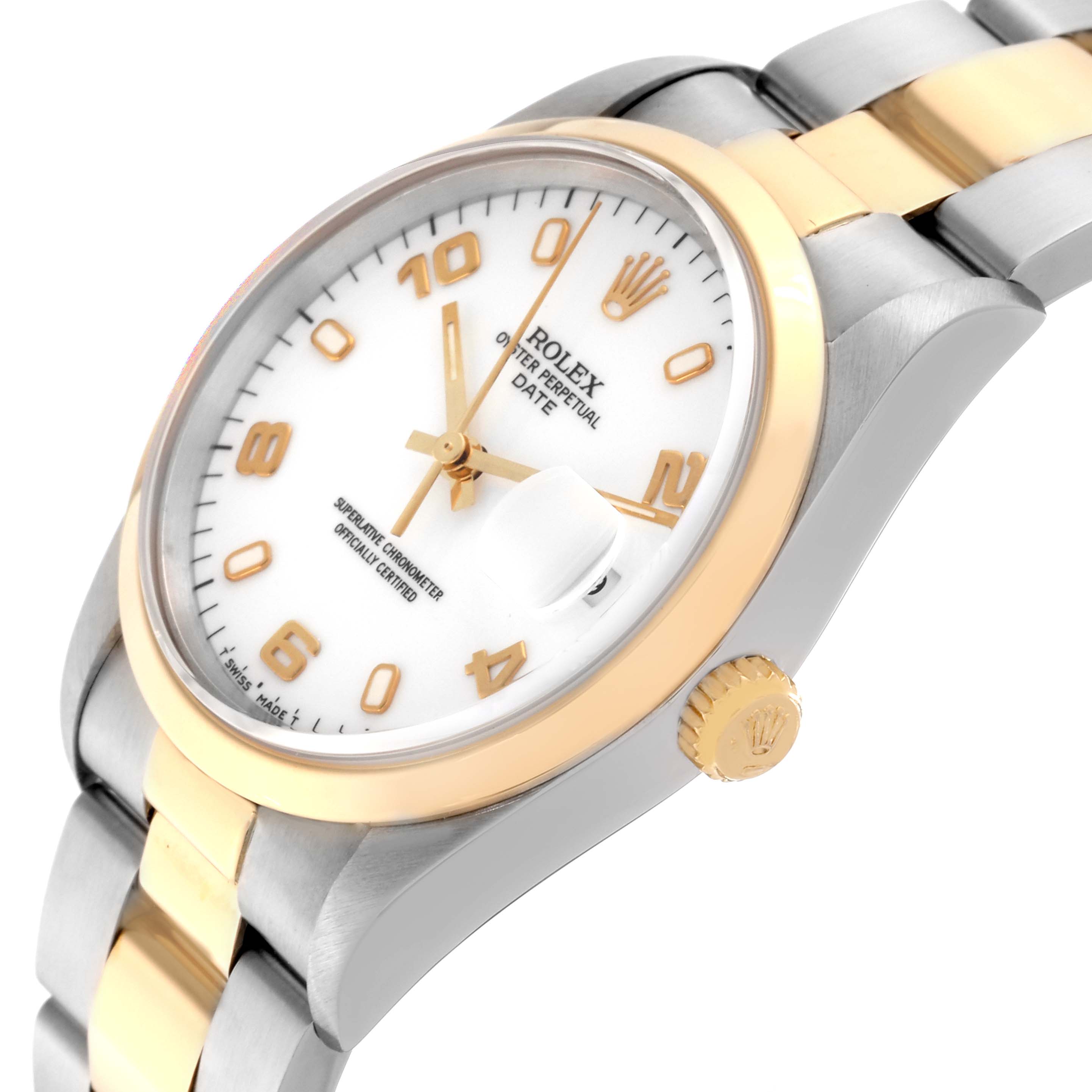 This image shows a Rolex Date 15203 Men's Steel and Gold (two tone) White Dial 15203 Men's Steel and Gold (two tone) White Dial model watch at an angle highlighting its white dial, gold bezel, crown, and two-tone bracelet.