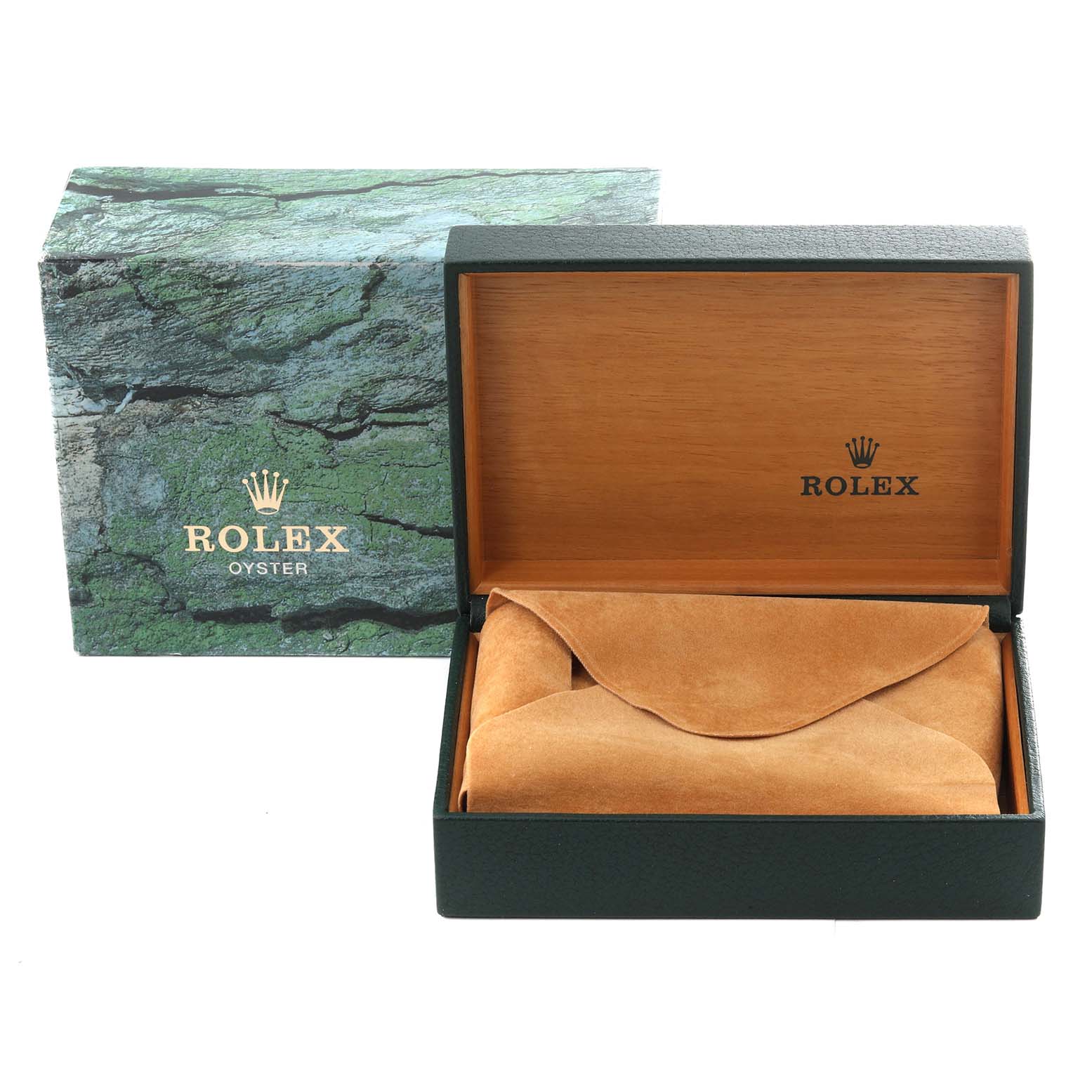 The image shows a Rolex Date 15203 Men's Steel and Gold (two tone) White Dial 15203 Men's Steel and Gold (two tone) White Dial model watch box and suede pouch at a front angle.