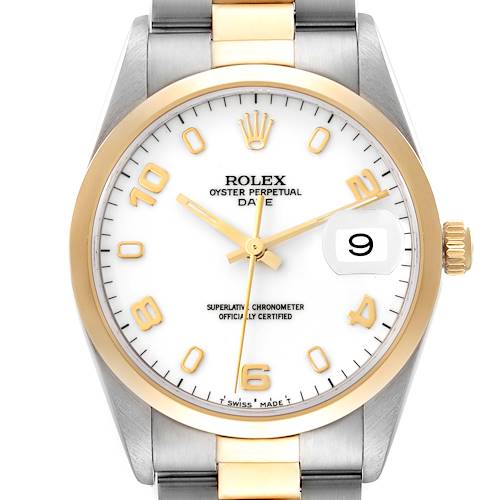 This image shows a front view of a Rolex Oyster Perpetual Date with a white dial, gold bezel, and gold-accented bracelet.