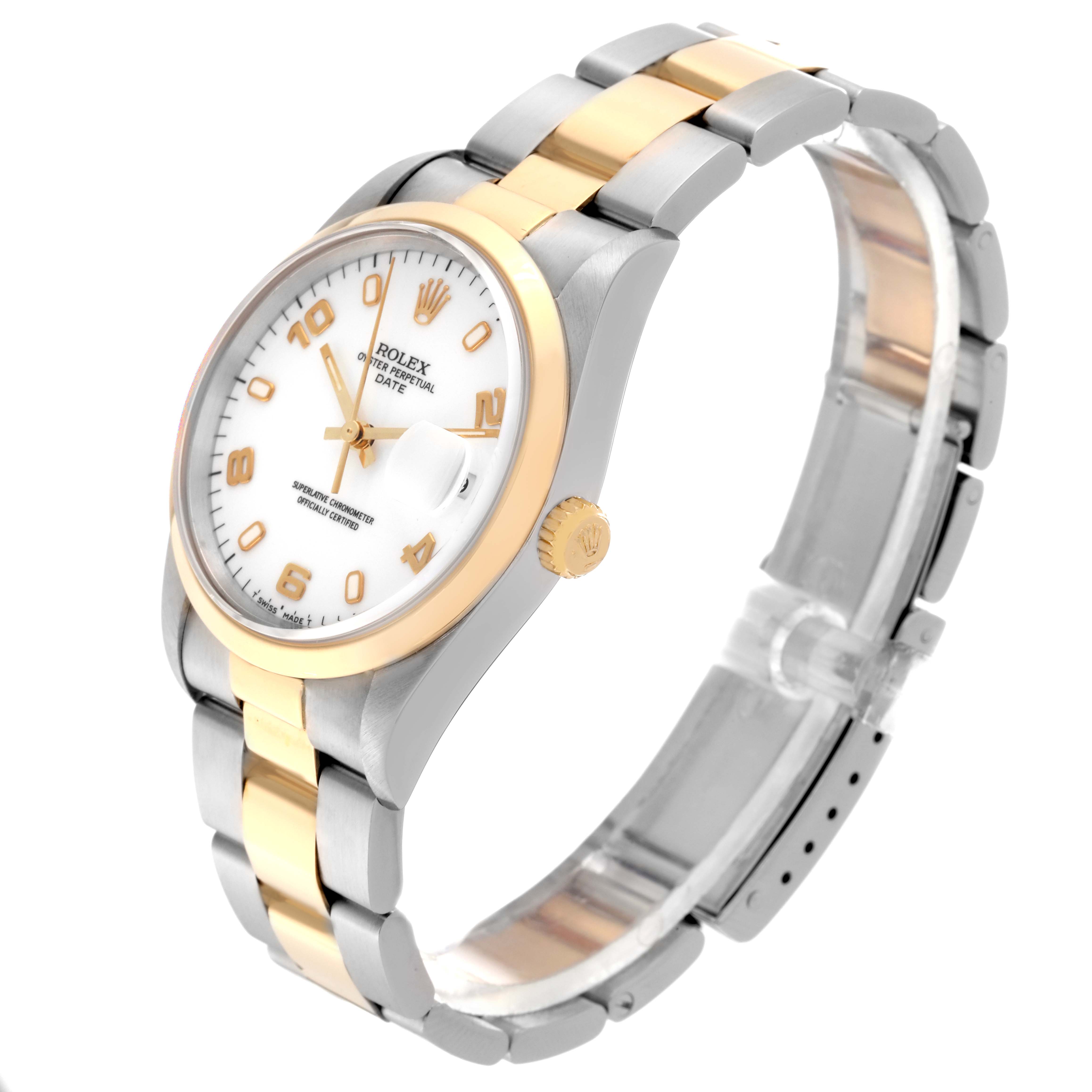 This image shows a Rolex Date 15203 Men's Steel and Gold (two tone) White Dial 15203 Men's Steel and Gold (two tone) White Dial model watch from a tilted side angle, highlighting the dial, case, and bracelet.