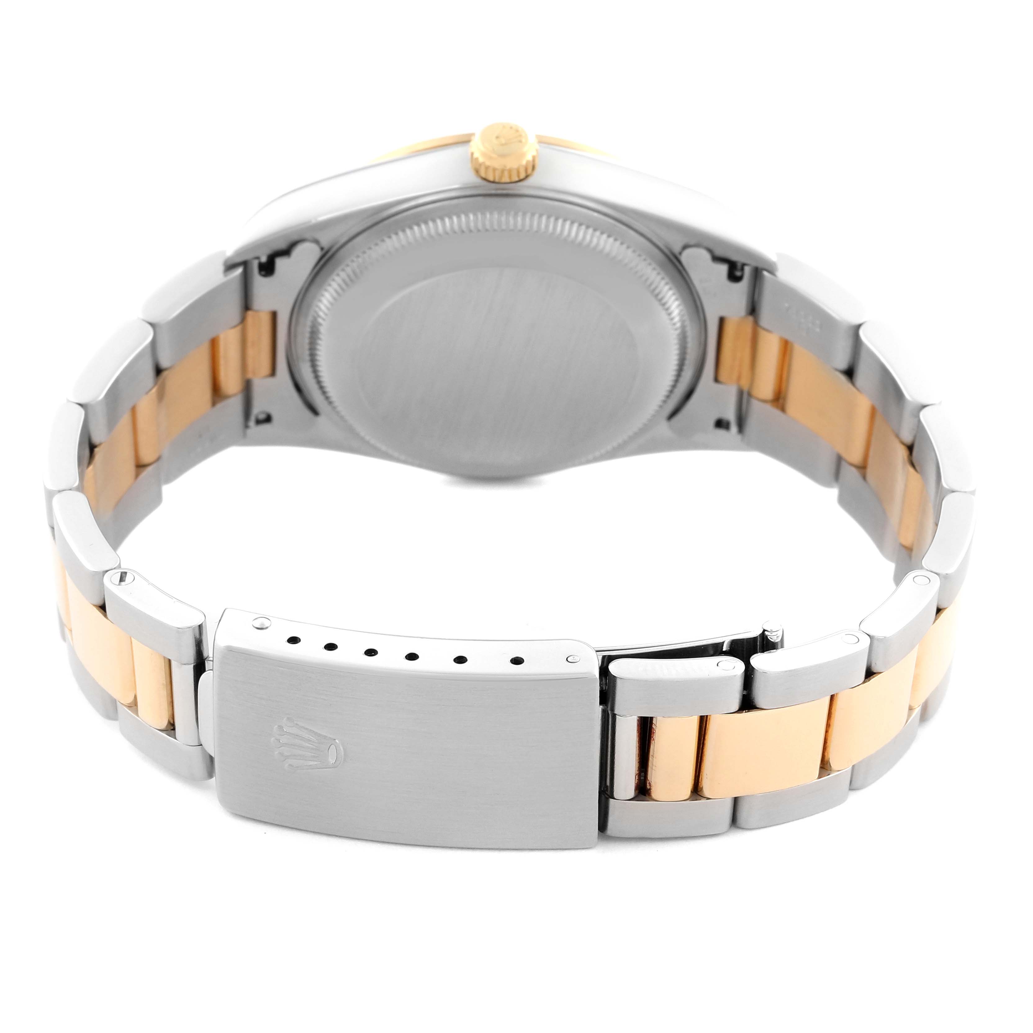 This image shows the back view of the Rolex Date 15203 Men's Steel and Gold (two tone) White Dial 15203 Men's Steel and Gold (two tone) White Dial model watch, highlighting the case back, crown, and two-tone bracelet with clasp.