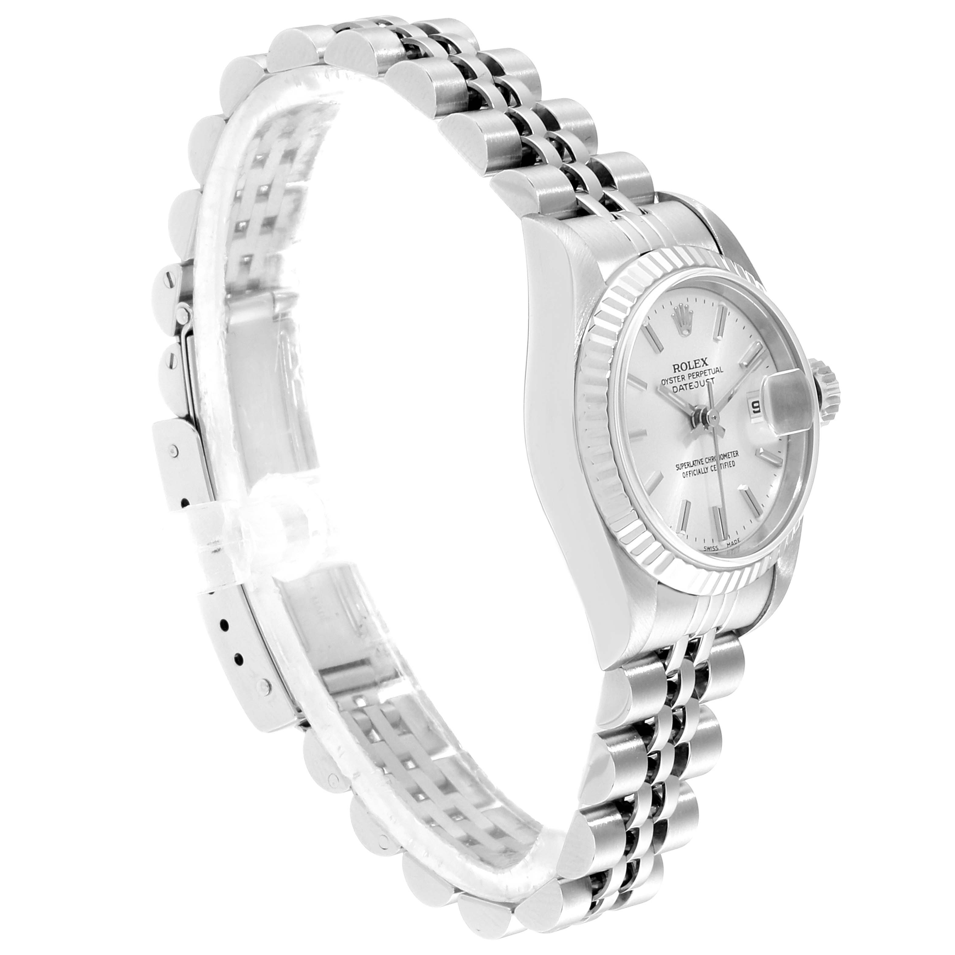 This image shows a Rolex Datejust 79174 Women's Stainless Steel Silver Dial 79174 Women's Stainless Steel Silver Dial watch from a side angle, highlighting the bracelet, case, and partially the dial.