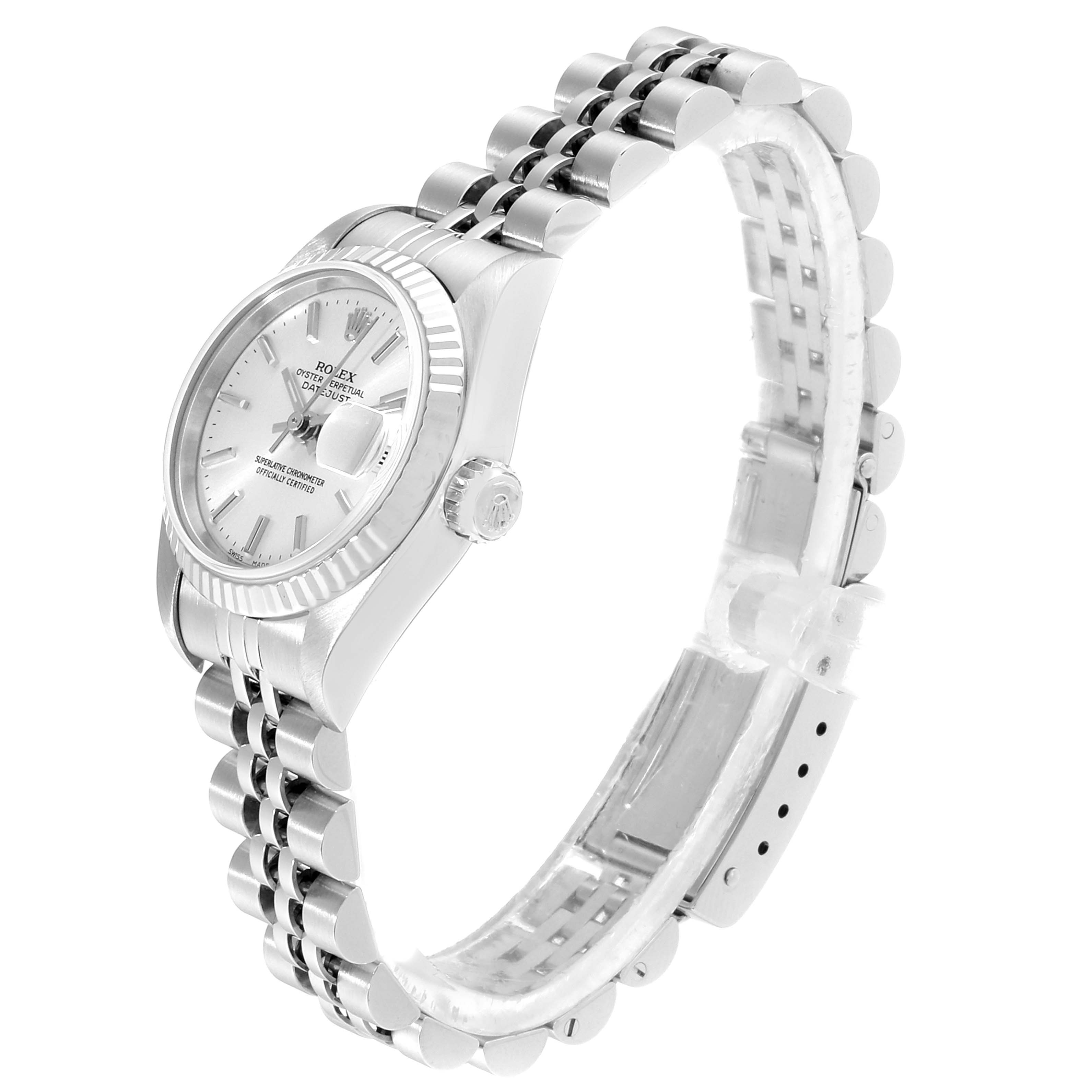 The image shows a Rolex Datejust 79174 Women's Stainless Steel Silver Dial 79174 Women's Stainless Steel Silver Dial watch from a side angle, displaying the face, crown, and bracelet.