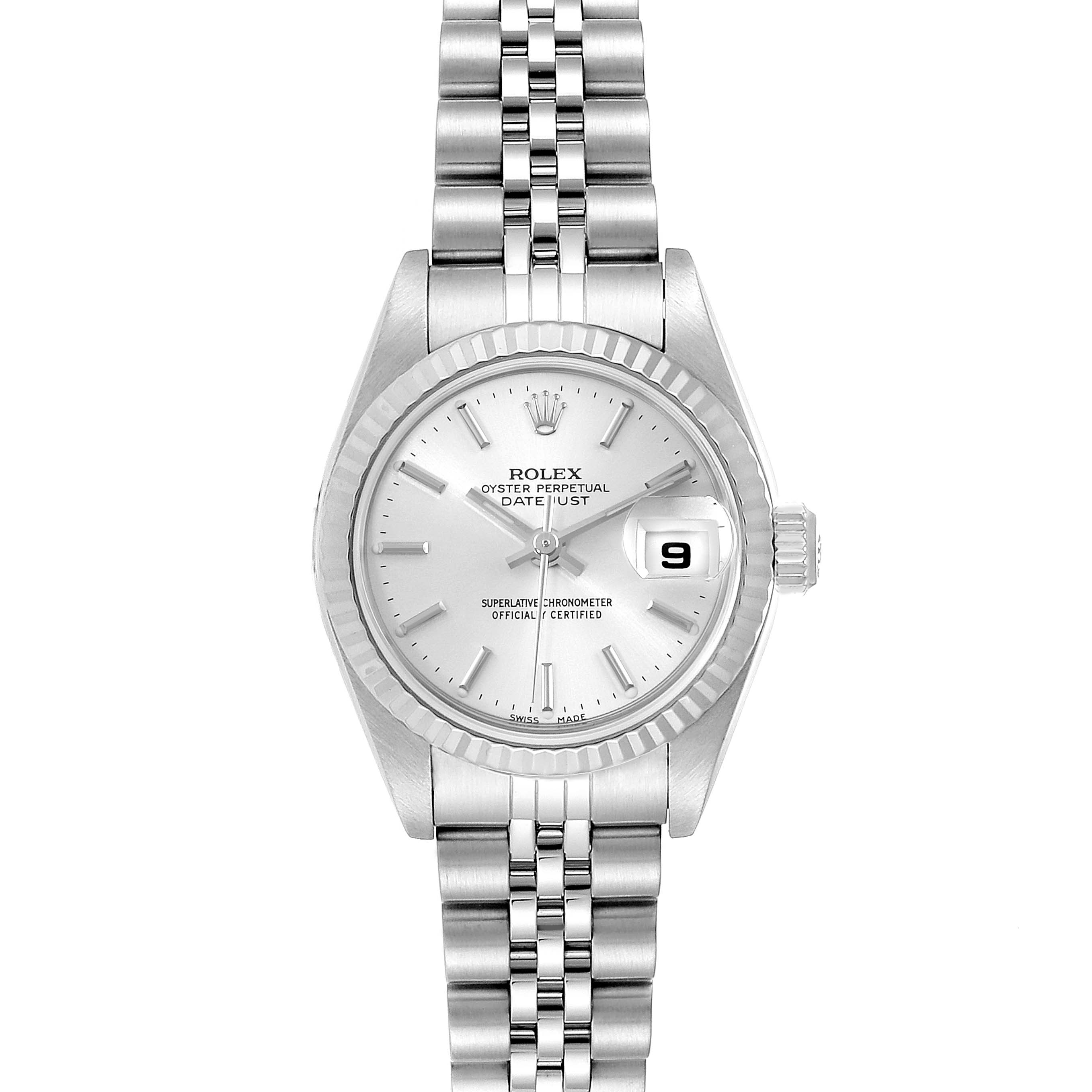 The image shows a front view of a Rolex Datejust 79174 Women's Stainless Steel Silver Dial 79174 Women's Stainless Steel Silver Dial watch, displaying the face, bezel, and metal bracelet.