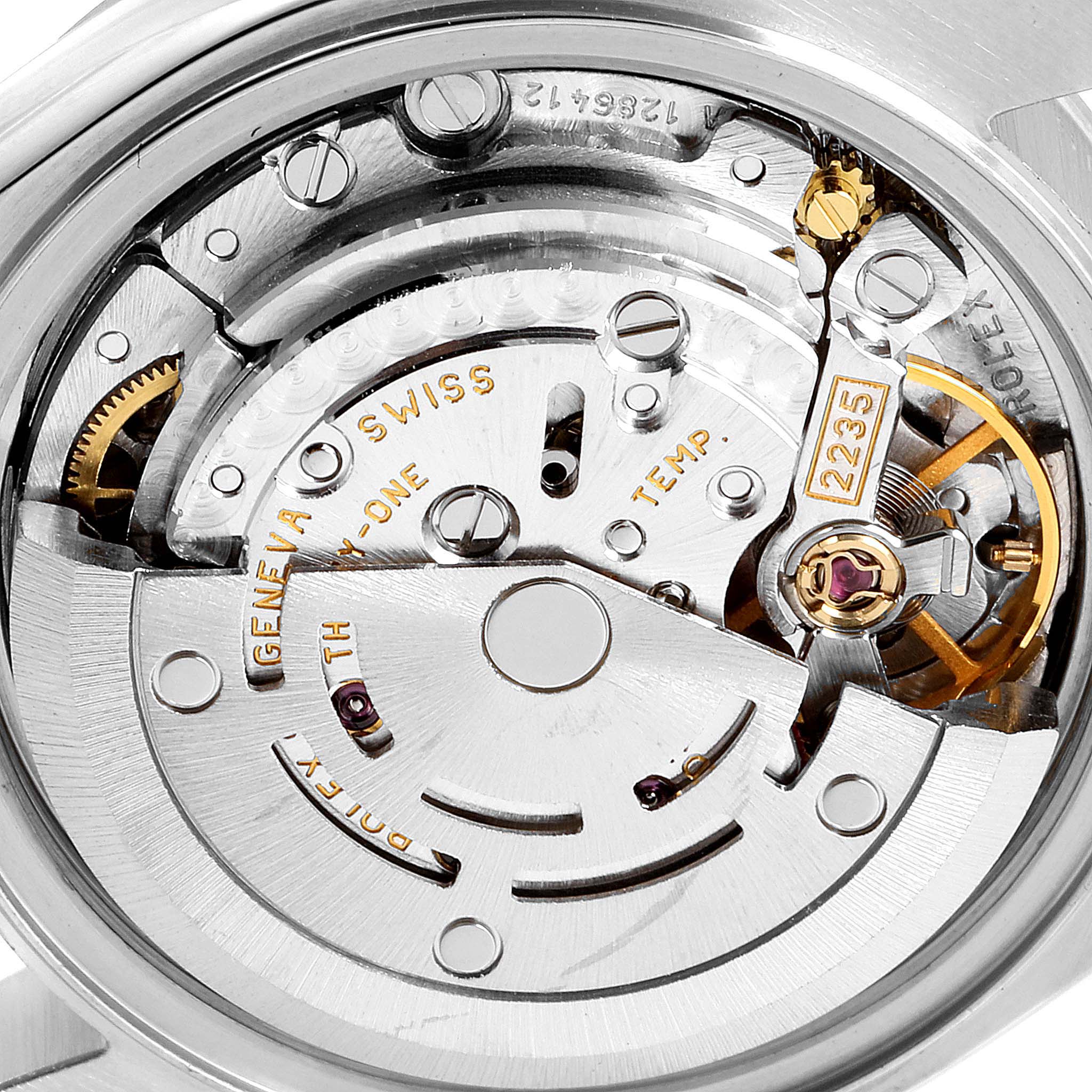 This image shows the movement and internal mechanism of a Rolex Datejust 79174 Women's Stainless Steel Silver Dial 79174 Women's Stainless Steel Silver Dial watch from a close-up angle.