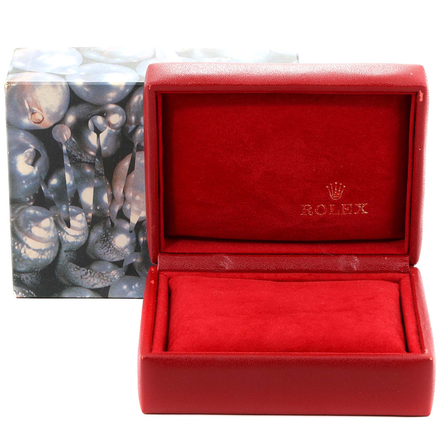 This image shows a red Rolex Datejust 79174 Women's Stainless Steel Silver Dial 79174 Women's Stainless Steel Silver Dial watch box with the lid open, revealing its interior.