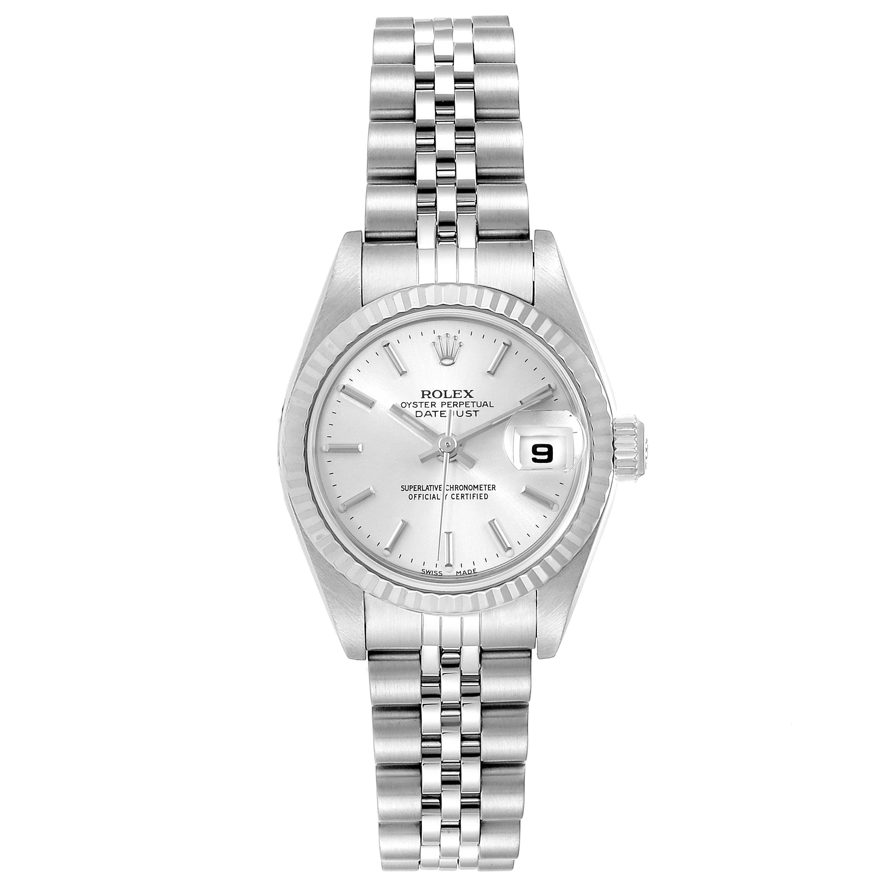 This image shows a frontal view of the Rolex Datejust 79174 Women's Stainless Steel Silver Dial 79174 Women's Stainless Steel Silver Dial watch with its silver dial, fluted bezel, and Jubilee bracelet.