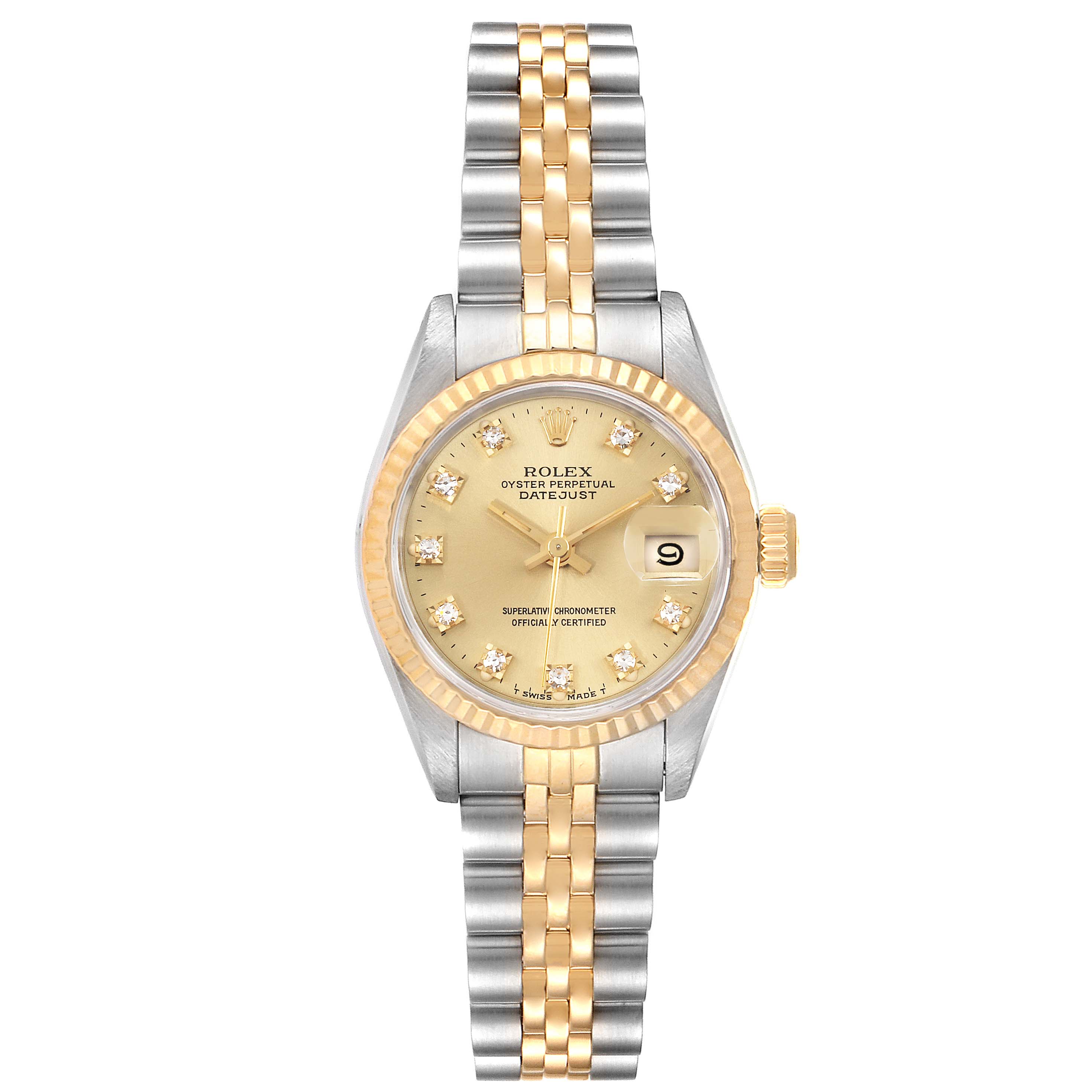 The image shows a front view of a Rolex Datejust 69173 Women's Steel and Gold (two tone) Champagne Dial 69173 Women's Steel and Gold (two tone) Champagne Dial watch, highlighting its dial, bezel, and bracelet.