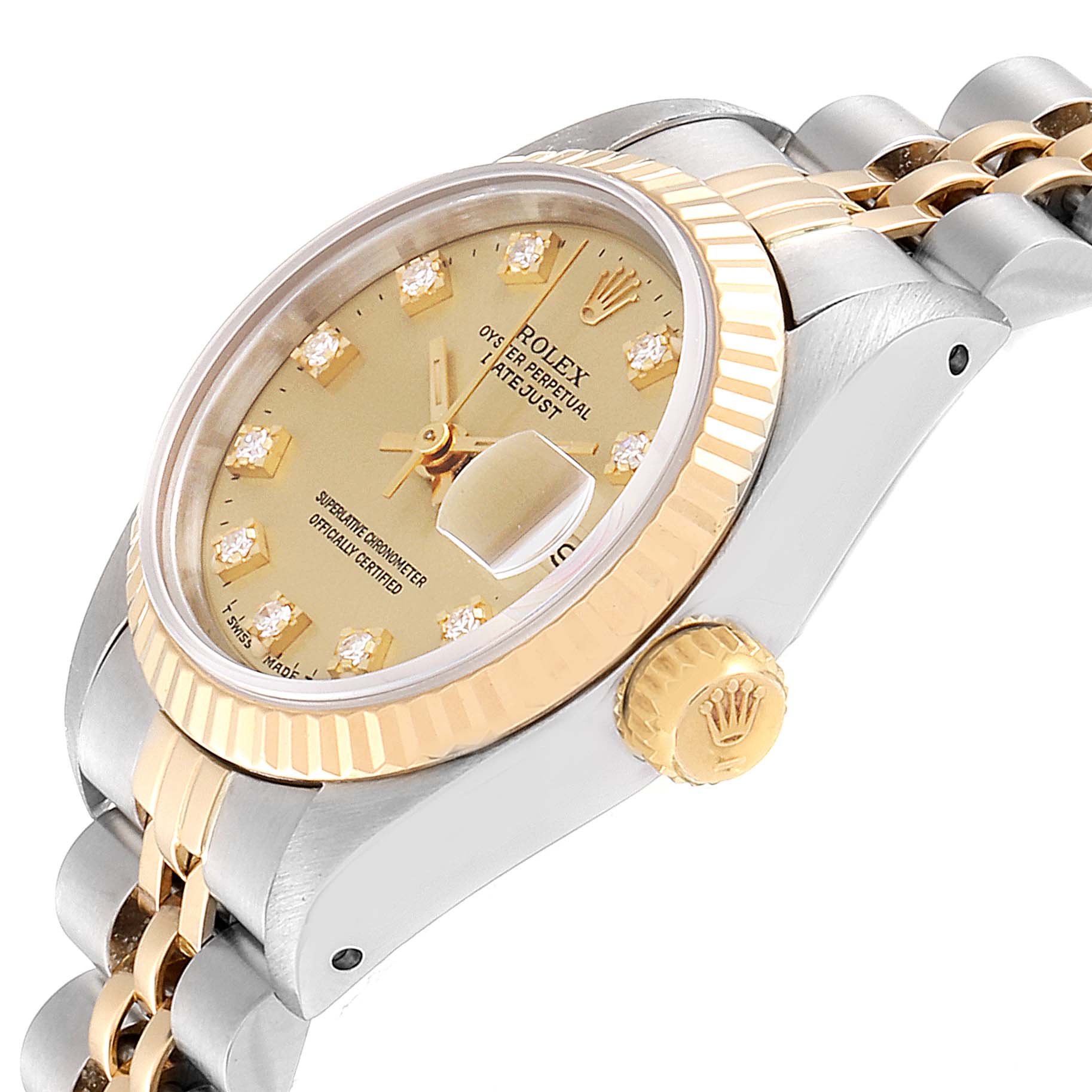 The image shows a side profile of a Rolex Datejust 69173 Women's Steel and Gold (two tone) Champagne Dial 69173 Women's Steel and Gold (two tone) Champagne Dial, focusing on the gold bezel, crown, and two-tone bracelet.