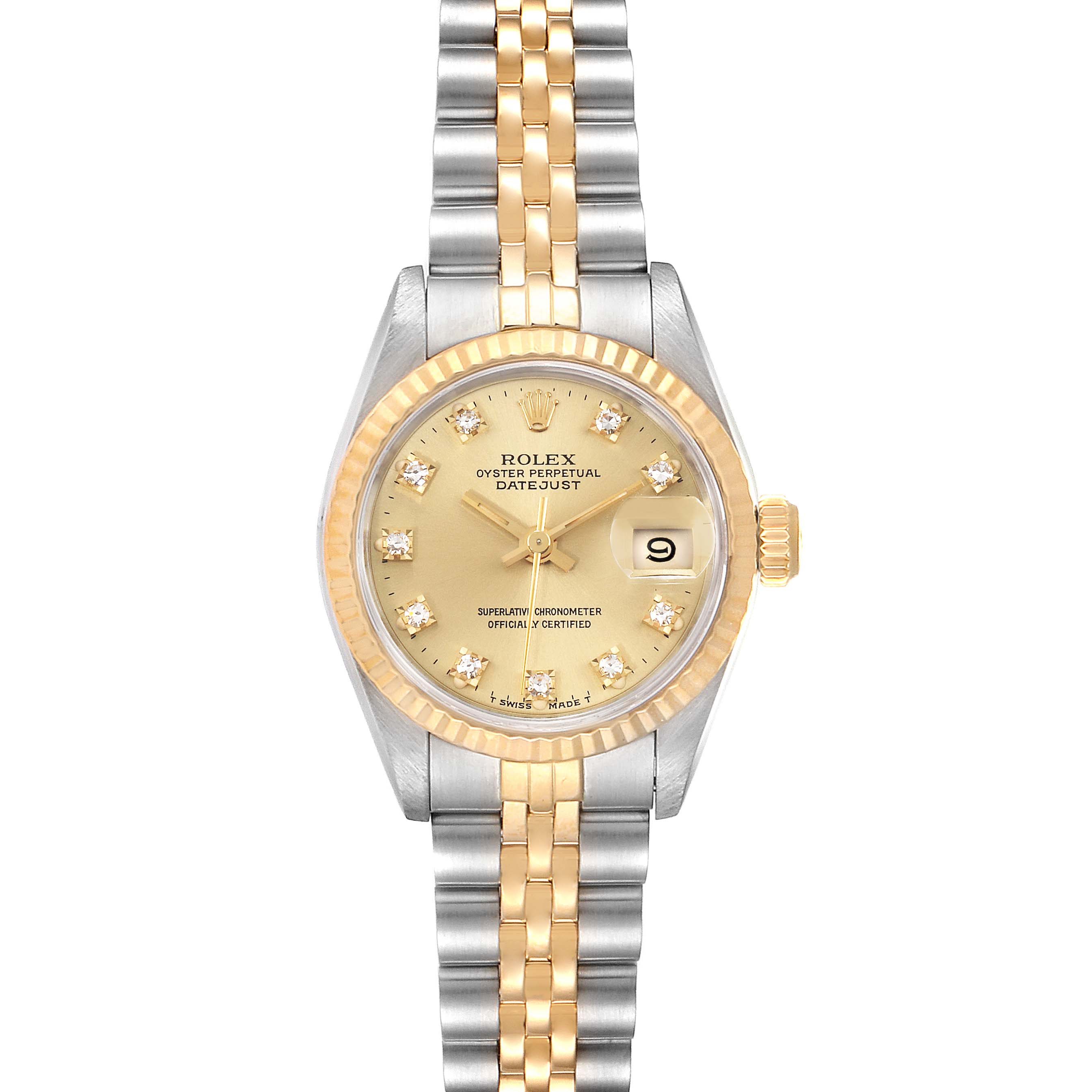 This image shows a front view of a Rolex Datejust 69173 Women's Steel and Gold (two tone) Champagne Dial 69173 Women's Steel and Gold (two tone) Champagne Dial watch, highlighting the dial, bezel, and two-tone bracelet.