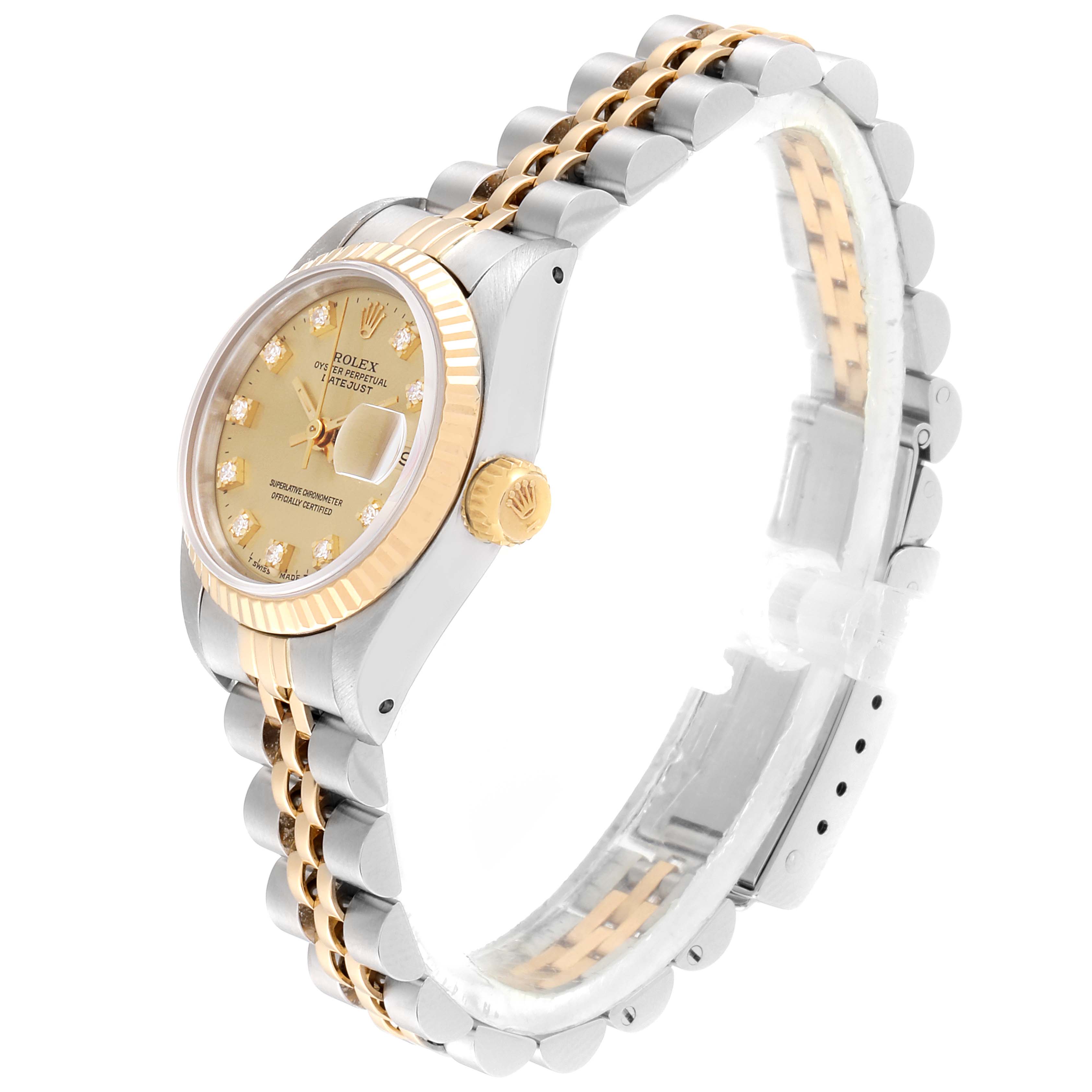 This image shows a Rolex Datejust 69173 Women's Steel and Gold (two tone) Champagne Dial 69173 Women's Steel and Gold (two tone) Champagne Dial watch at a side angle, highlighting the face, bezel, crown, and bracelet.