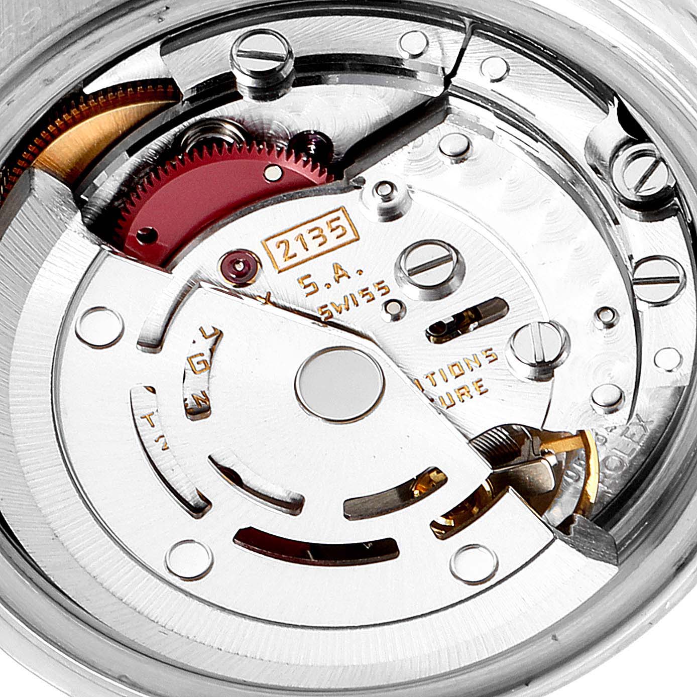 A Rolex Datejust 69173 Women's Steel and Gold (two tone) Champagne Dial 69173 Women's Steel and Gold (two tone) Champagne Dial watch movement is shown from a top-down angle, highlighting its internal mechanisms and rotor.