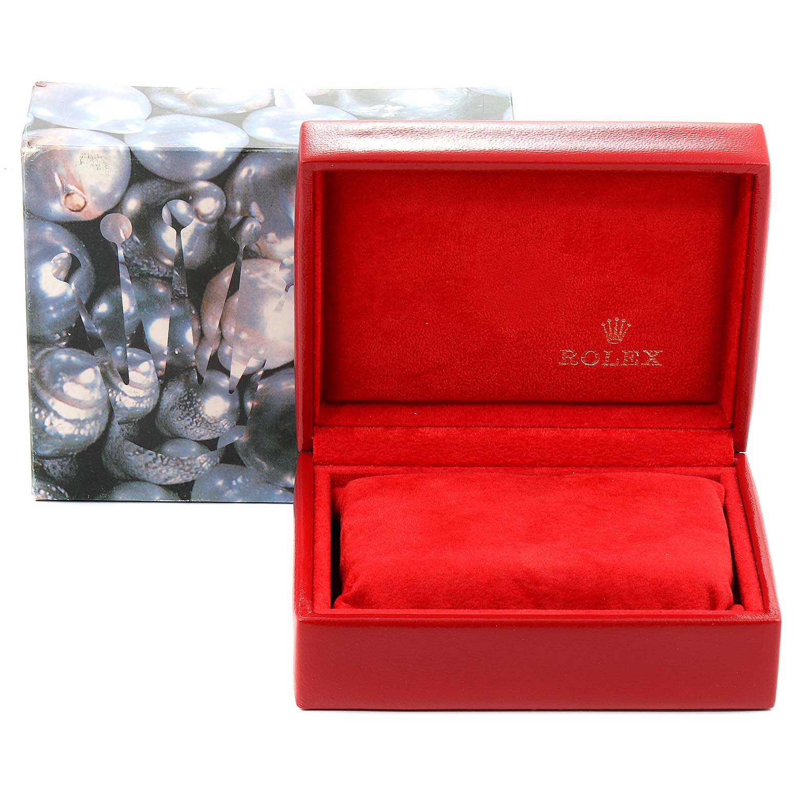 The image shows an open red Rolex watch box for a Datejust model with velvet lining and a decorative outer box.