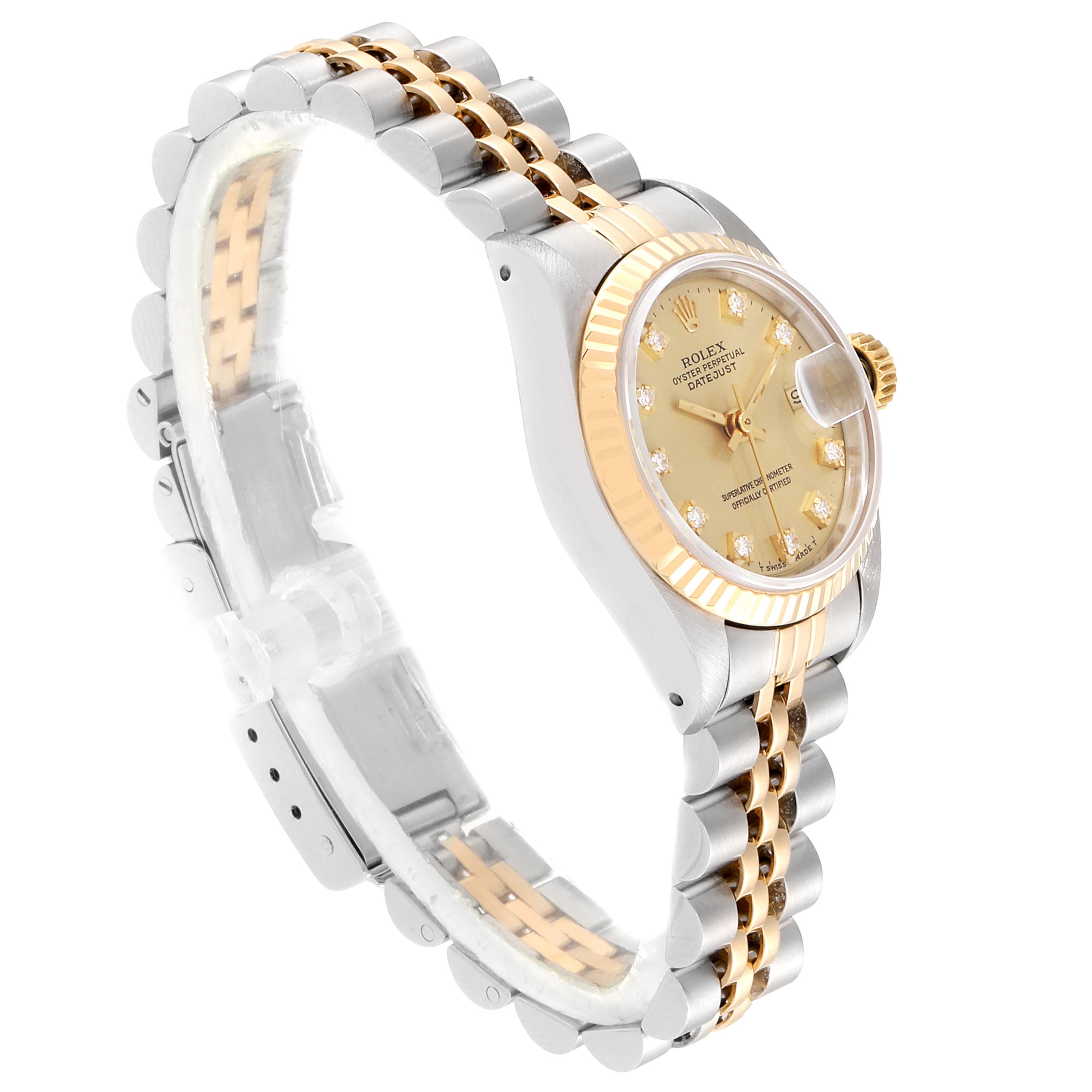 The Rolex Datejust 69173 Women's Steel and Gold (two tone) Champagne Dial 69173 Women's Steel and Gold (two tone) Champagne Dial watch is shown from a three-quarter angle, highlighting its dial, bezel, and part of its two-tone bracelet.
