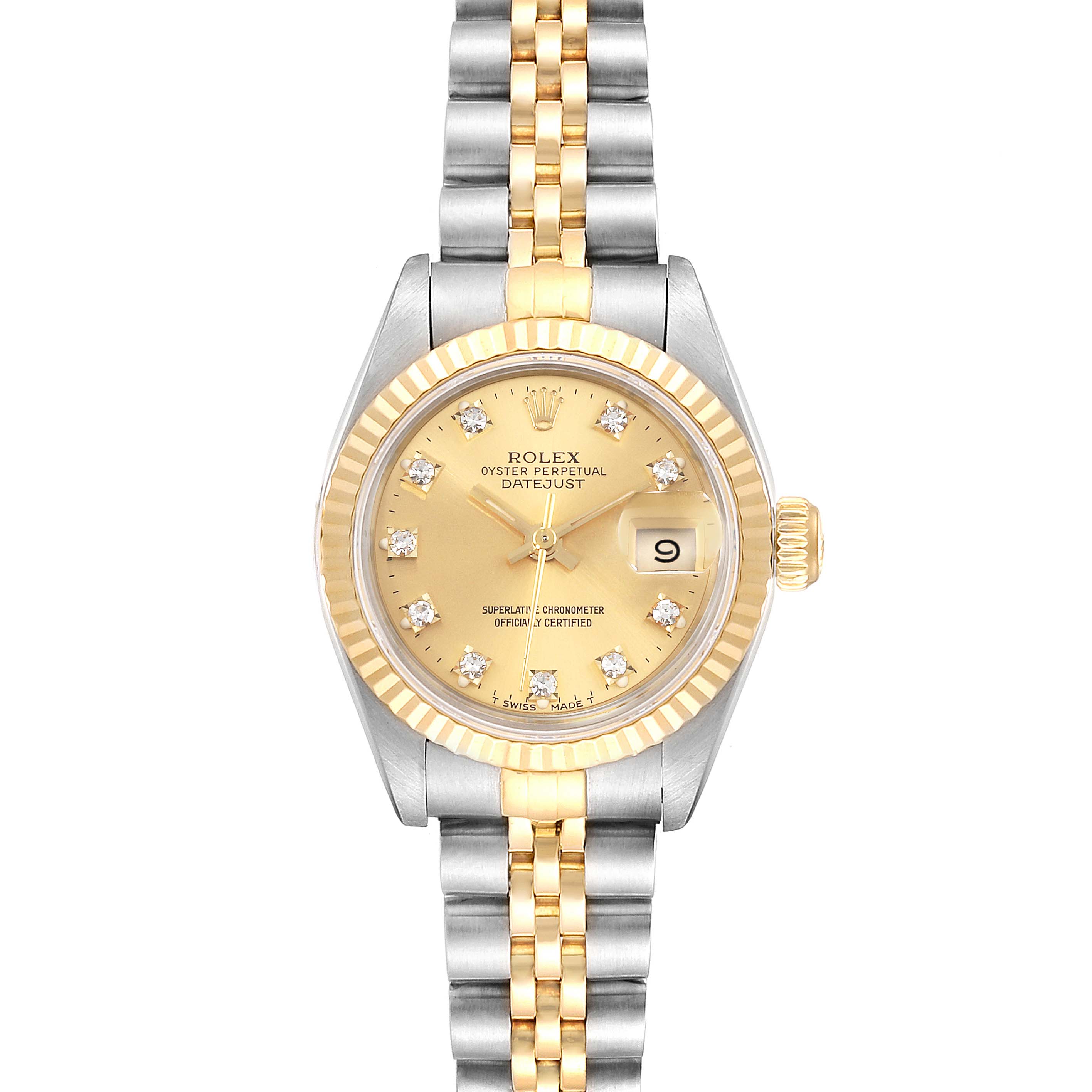 This image shows a frontal view of the Rolex Datejust 69173 Women's Steel and Gold (two tone) Champagne Dial 69173 Women's Steel and Gold (two tone) Champagne Dial watch, highlighting the gold dial, diamond hour markers, fluted bezel, and Jubilee bracelet.