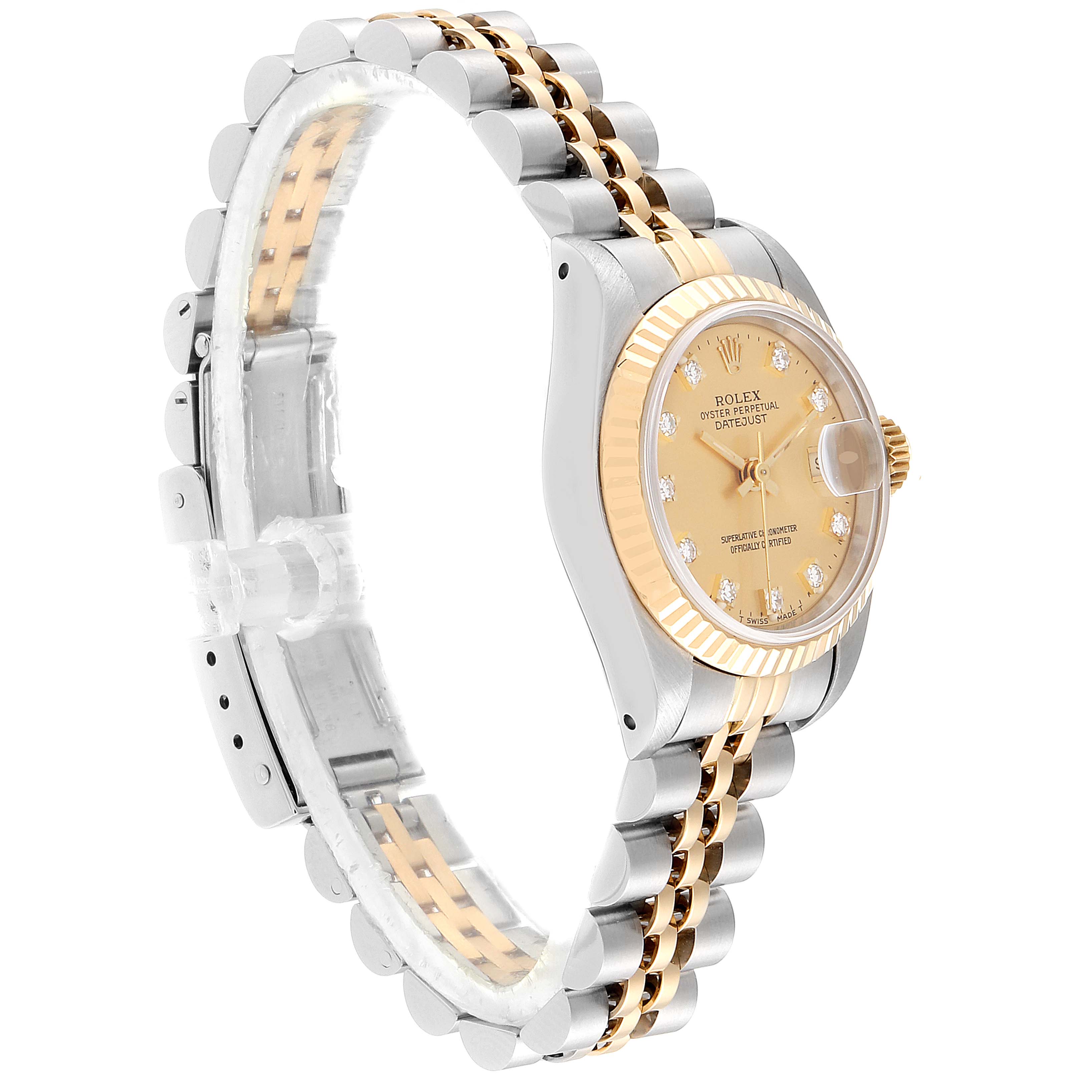The Rolex Datejust 69173 Women's Steel and Gold (two tone) Champagne Dial 69173 Women's Steel and Gold (two tone) Champagne Dial watch is shown from a side angle, highlighting its two-tone bracelet and gold dial with diamond markers.