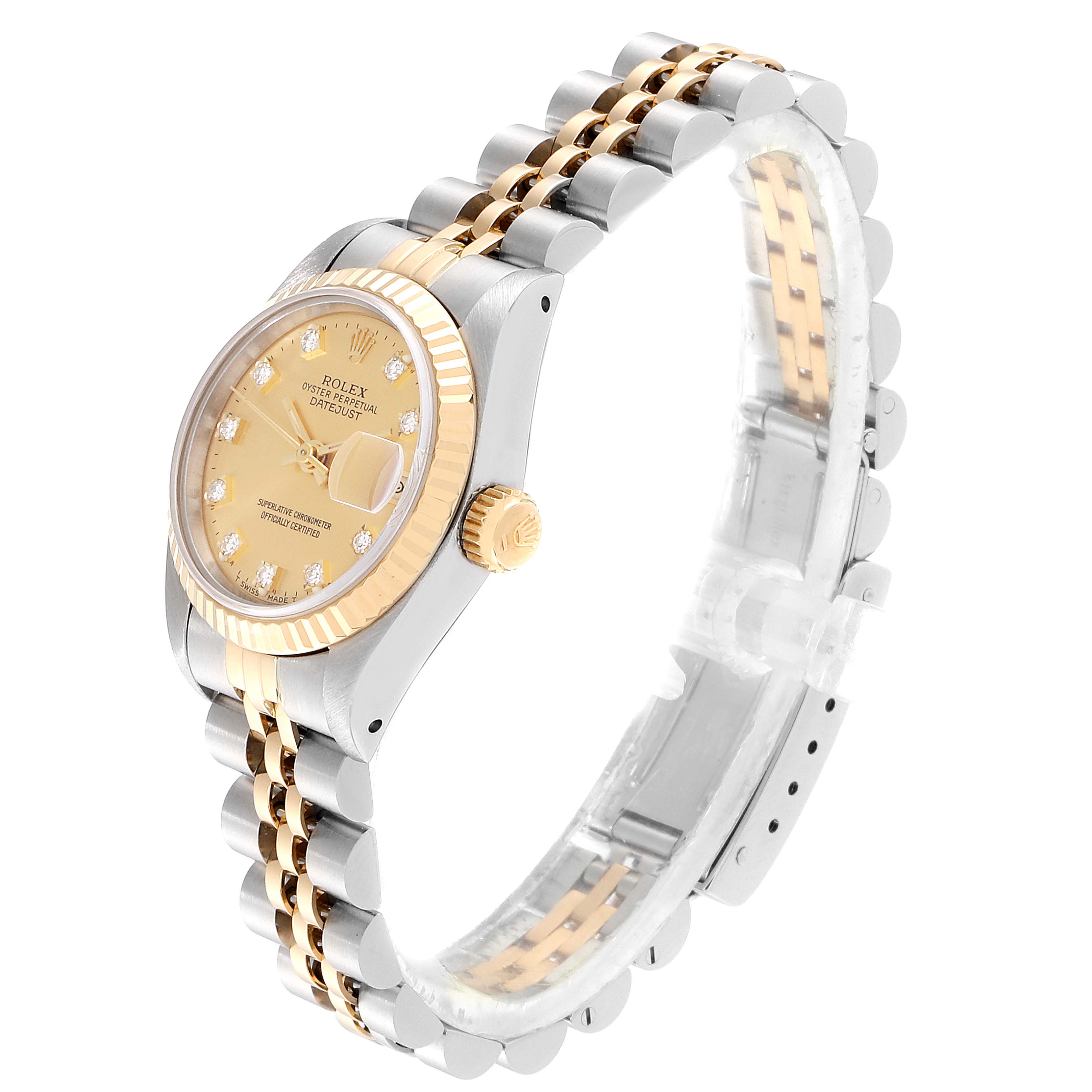 This image shows a Rolex Datejust 69173 Women's Steel and Gold (two tone) Champagne Dial 69173 Women's Steel and Gold (two tone) Champagne Dial watch at a three-quarter angle, displaying the dial, crown, and Jubilee bracelet.