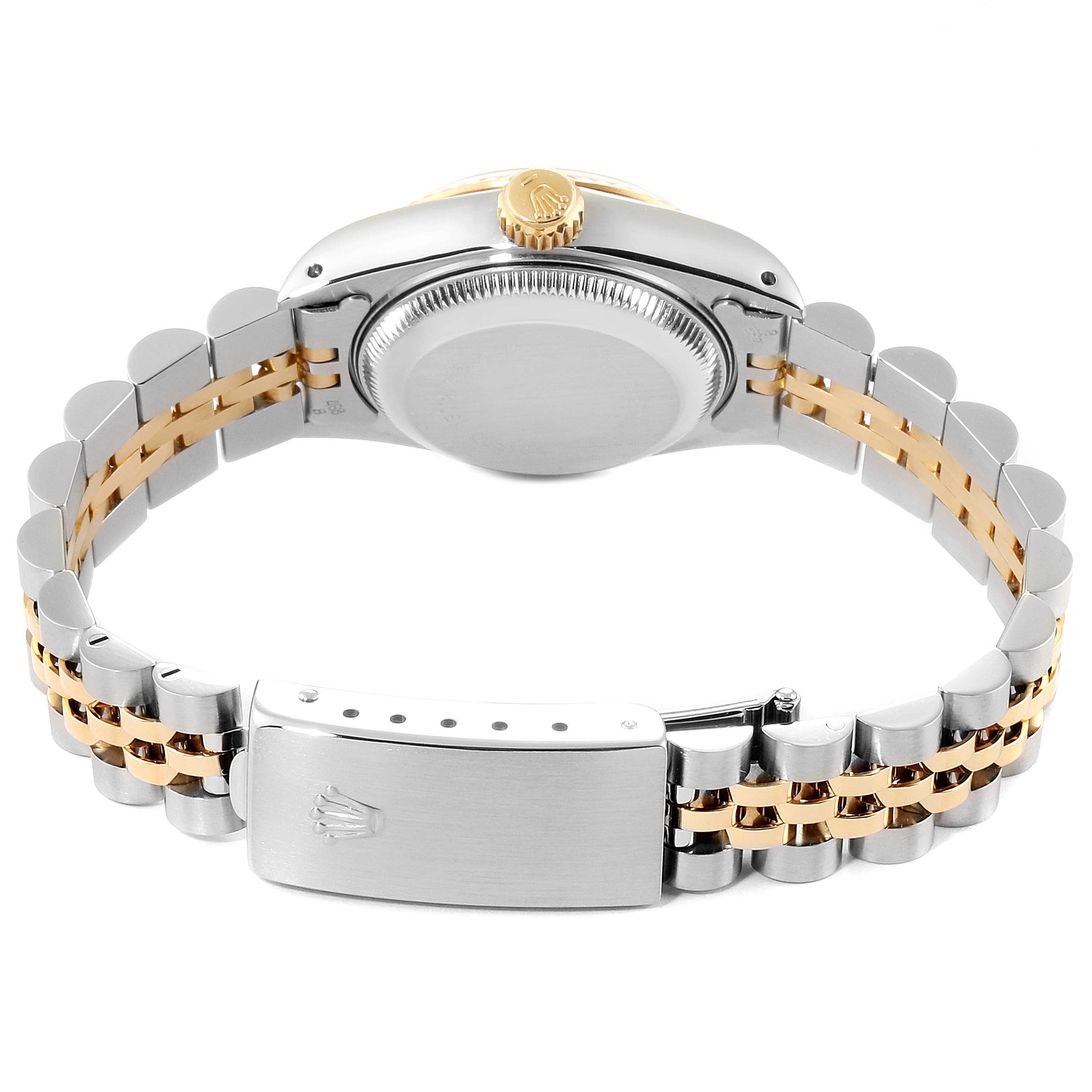 The image shows the case back, crown, and clasp of a Rolex Datejust 69173 Women's Steel and Gold (two tone) Champagne Dial 69173 Women's Steel and Gold (two tone) Champagne Dial watch, highlighting its two-tone bracelet.