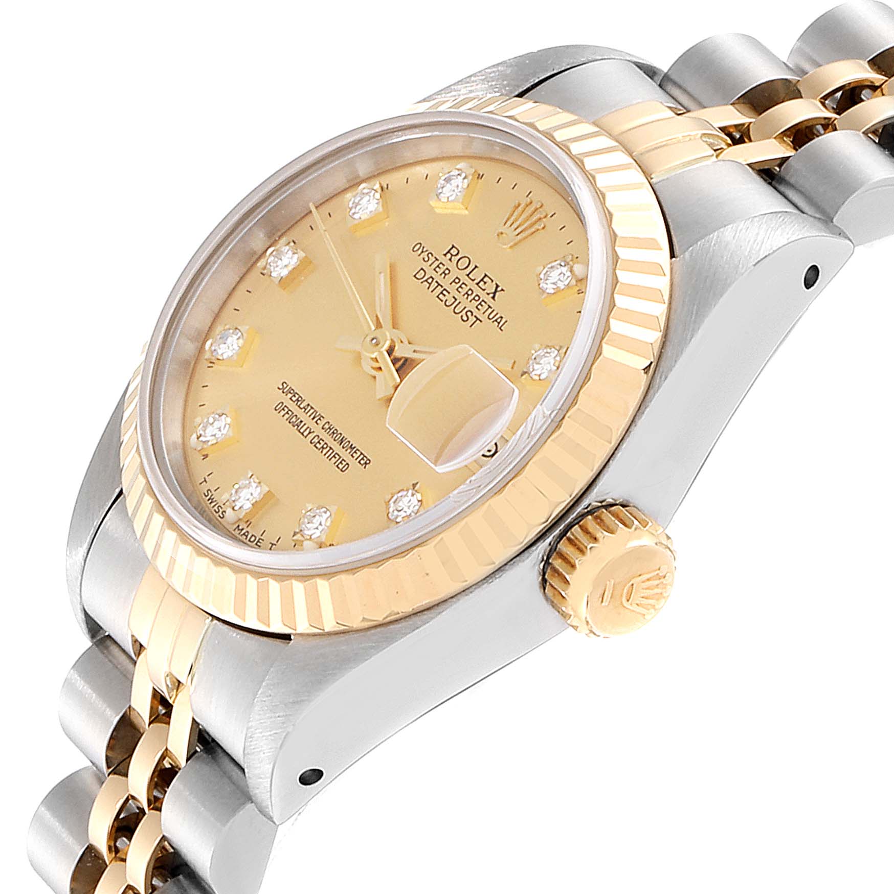 The image shows a side angle of the Rolex Datejust 69173 Women's Steel and Gold (two tone) Champagne Dial 69173 Women's Steel and Gold (two tone) Champagne Dial watch, highlighting the face, bezel, crown, and part of the bracelet.