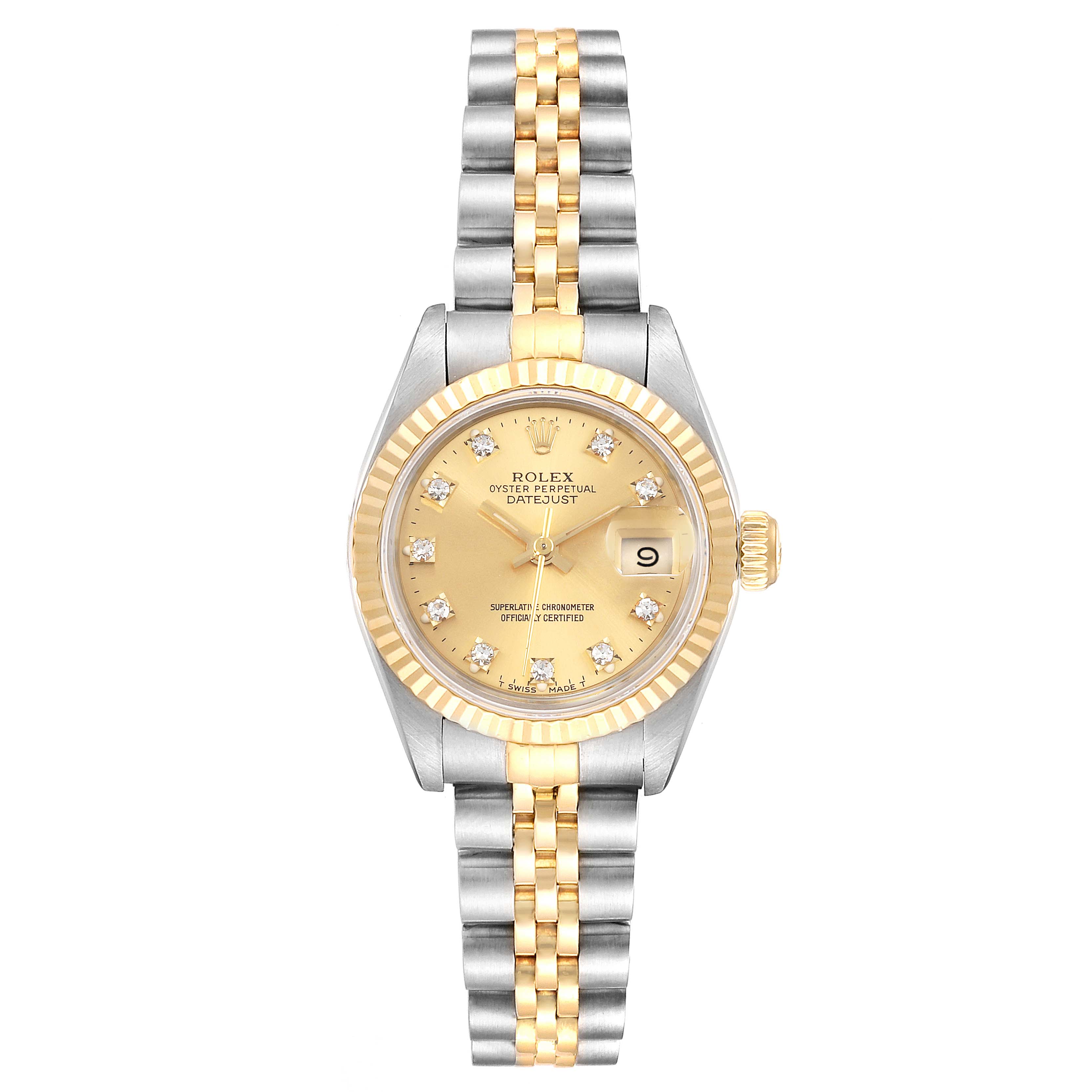 The image shows a Rolex Datejust 69173 Women's Steel and Gold (two tone) Champagne Dial 69173 Women's Steel and Gold (two tone) Champagne Dial watch from a front angle, highlighting its face, bezel, and two-tone bracelet.