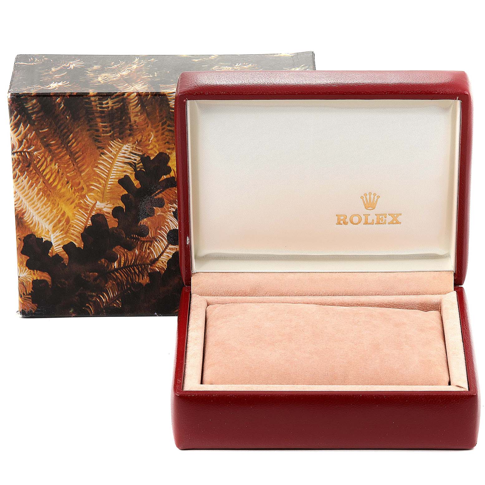 The image shows an open Rolex Datejust 69173 Women's Steel and Gold (two tone) Champagne Dial 69173 Women's Steel and Gold (two tone) Champagne Dial watch box, displaying the interior and the Rolex logo inside the lid.