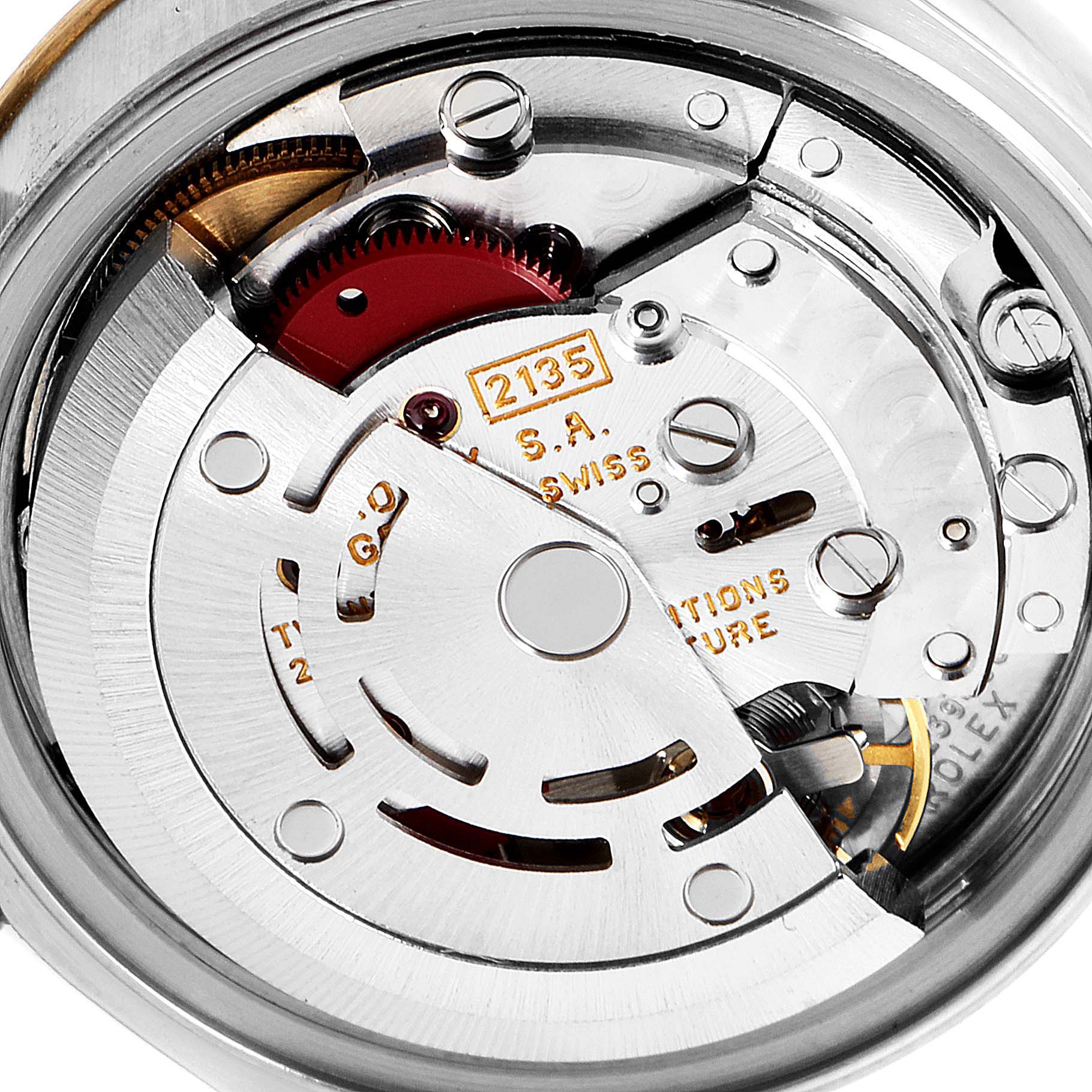 This is a close-up view of the movement mechanism of a Rolex Datejust 69173 Women's Steel and Gold (two tone) Champagne Dial 69173 Women's Steel and Gold (two tone) Champagne Dial watch, showcasing intricate internal components.