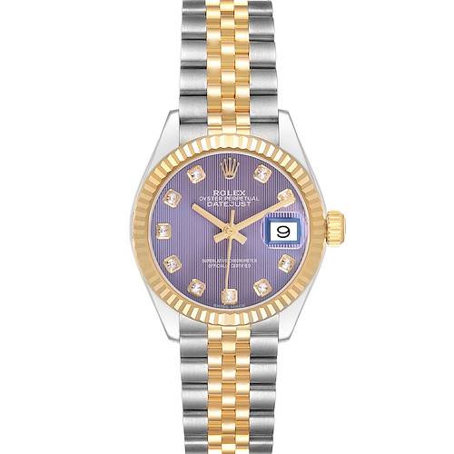The Rolex Datejust 279173 Women's Steel and Gold (two tone) Purple Dial watch is shown from a top-down angle, highlighting the dial, bezel, and two-tone bracelet.
