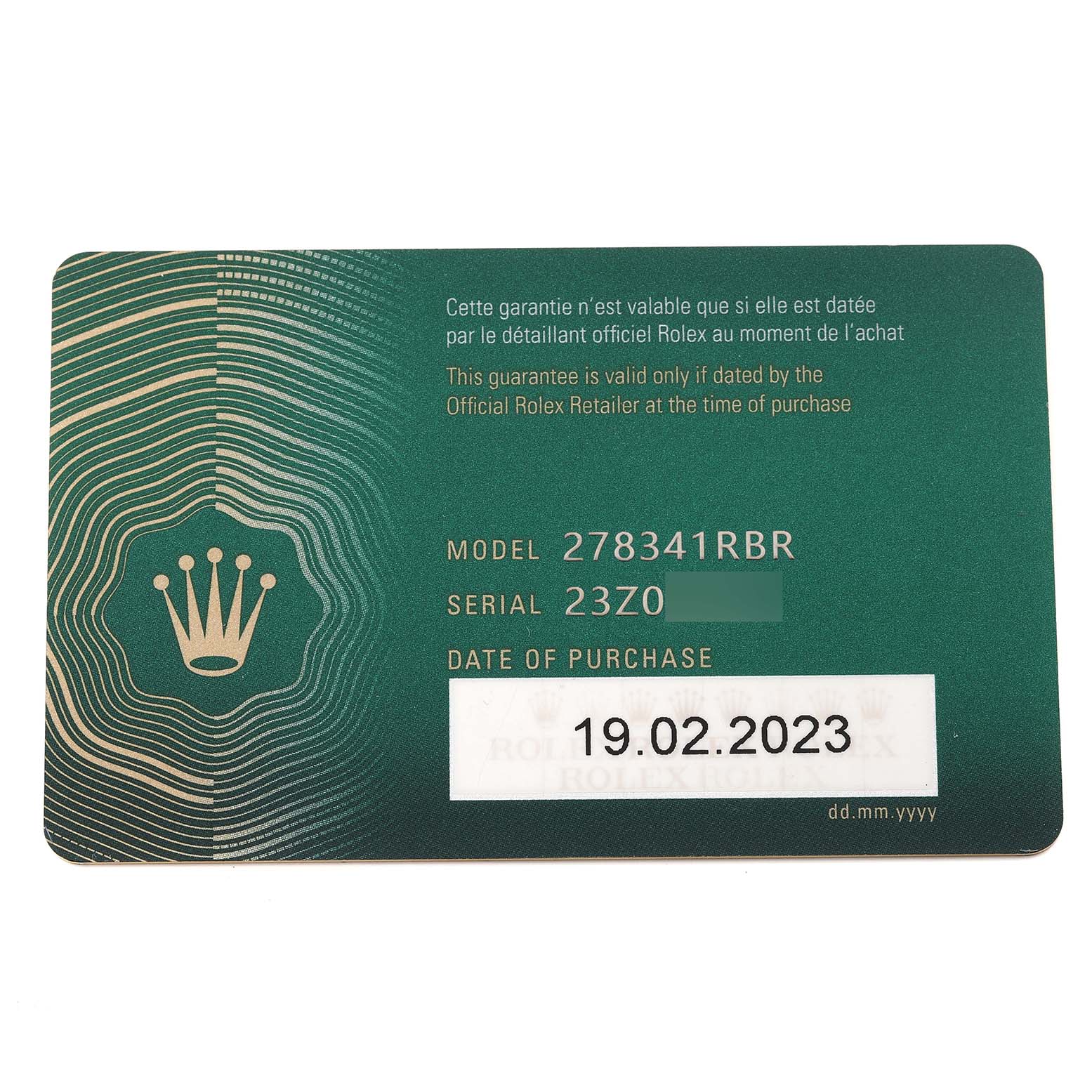 This image shows the warranty card for a Rolex Mid-Size 278341 Women
s Steel and Gold (two tone) Silver Dial 278341 Women
s Steel and Gold (two tone) Silver Dial watch, model 278341 RBR, with a purchase date of 19.02.2023.