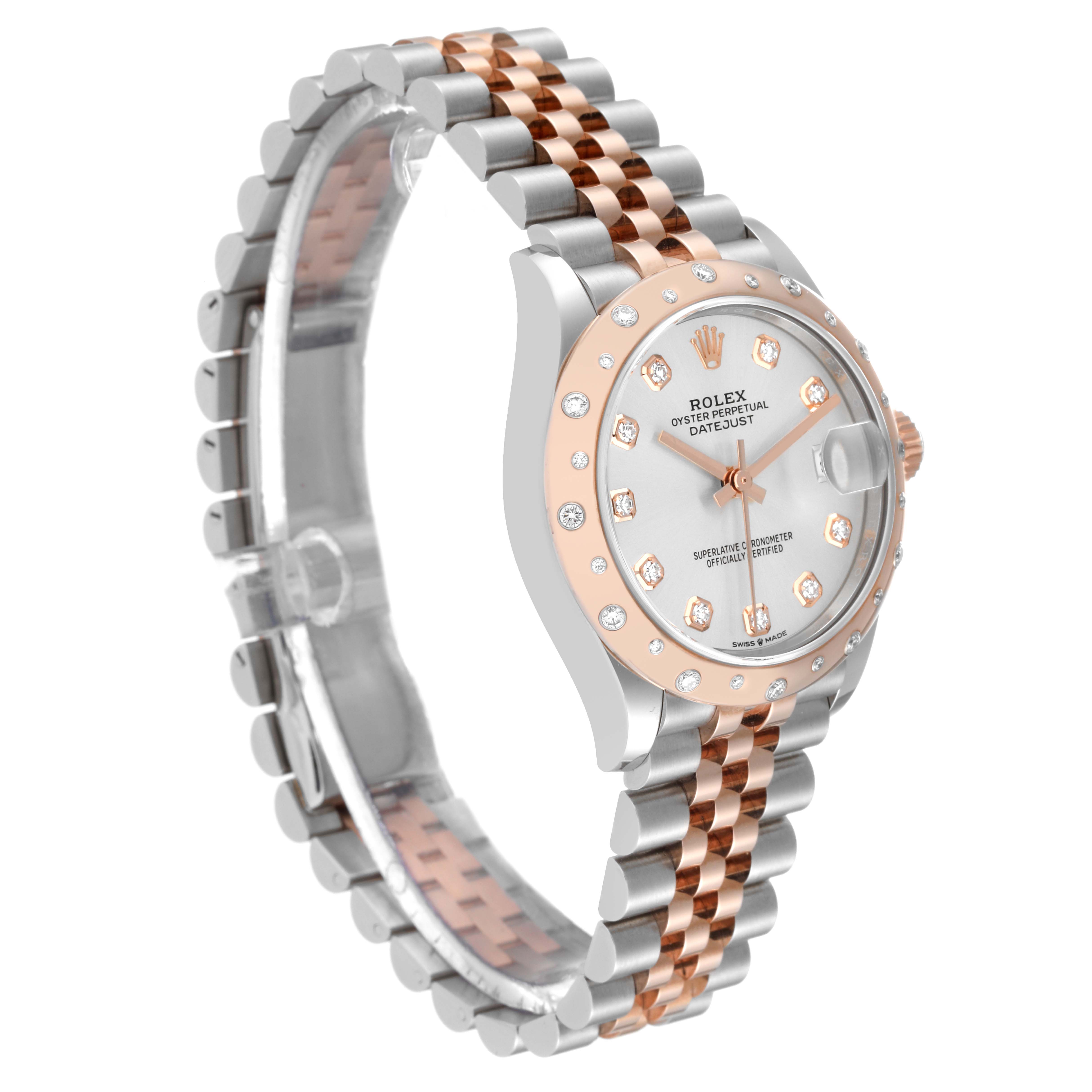 This image shows a side-angle view of a Rolex Mid-Size 278341 Women
s Steel and Gold (two tone) Silver Dial 278341 Women
s Steel and Gold (two tone) Silver Dial Datejust watch, highlighting its two-tone bracelet and diamond bezel.