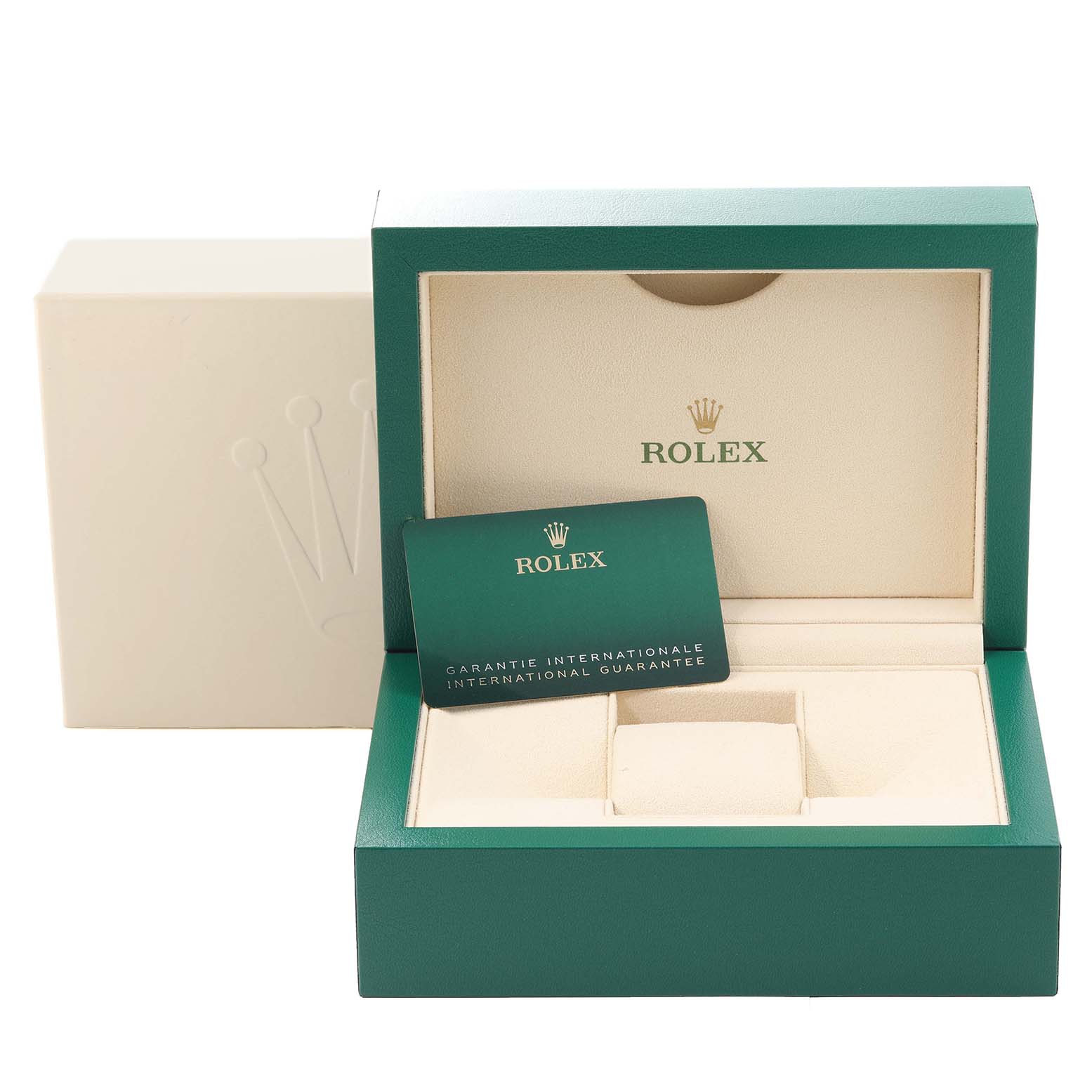 The image shows the open box and warranty card of a Mid-Size Rolex watch.