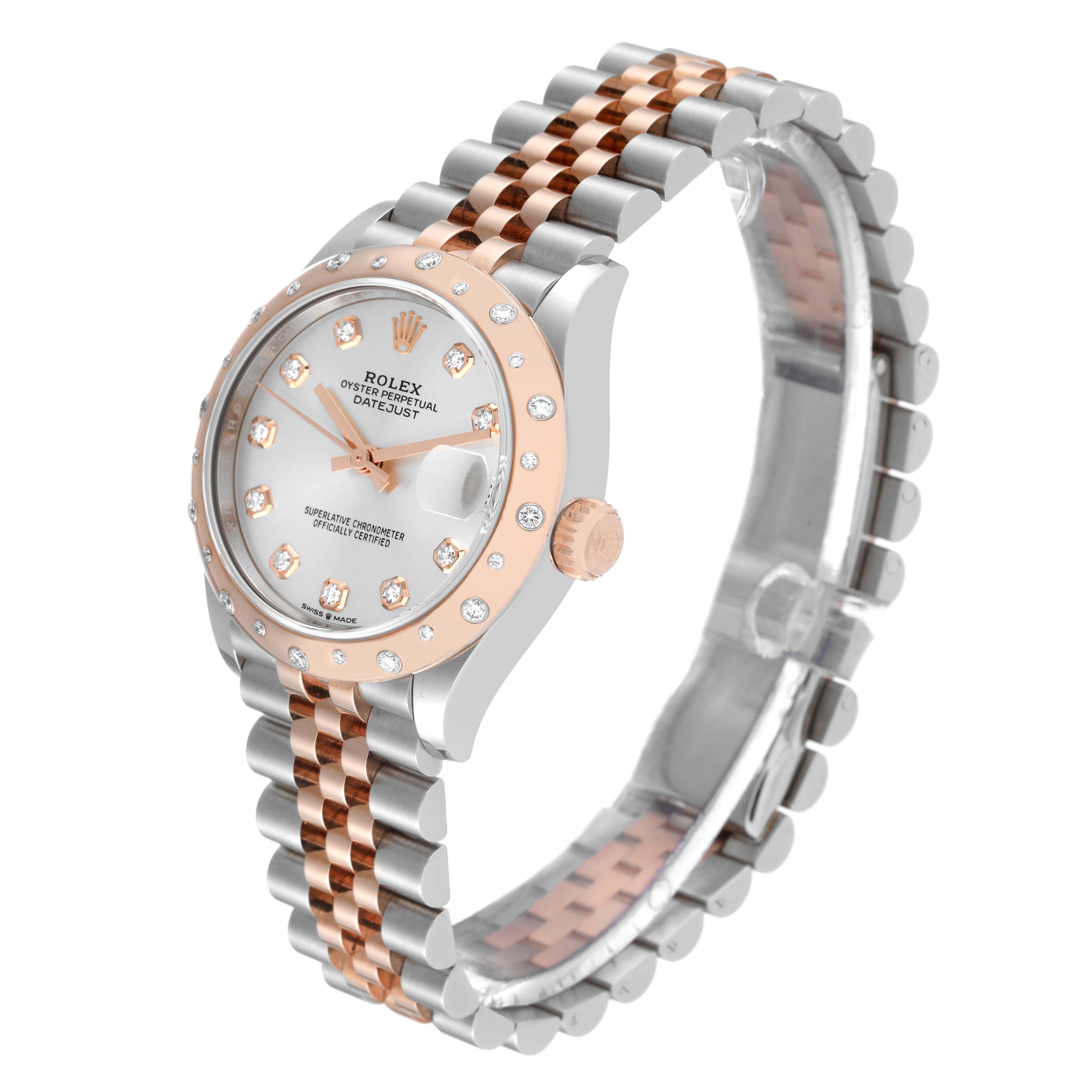 This image shows a Rolex Datejust Mid-Size watch at a three-quarter angle highlighting its face, bezel, crown, and bracelet.