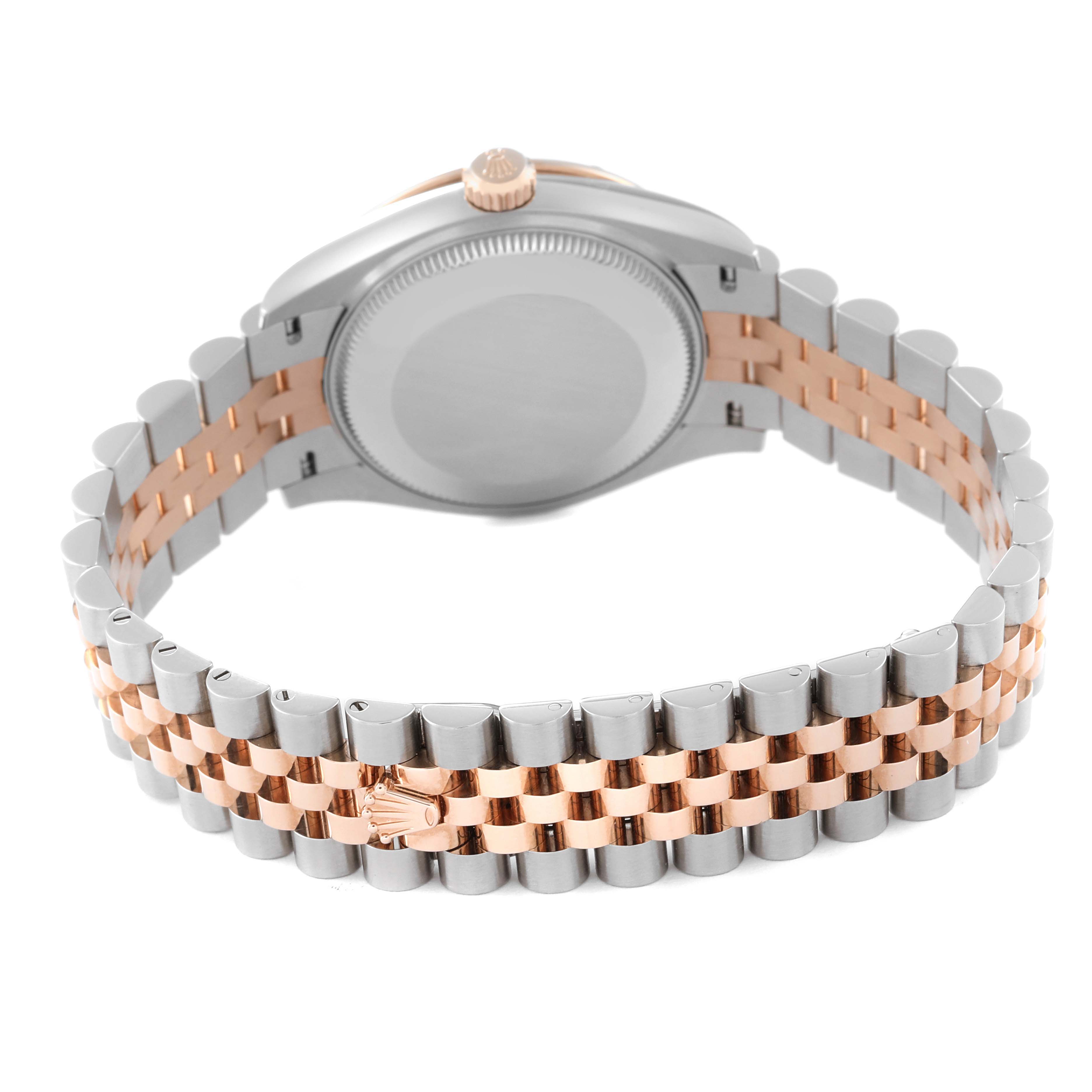 This Rolex Mid-Size 278341 Women
s Steel and Gold (two tone) Silver Dial 278341 Women
s Steel and Gold (two tone) Silver Dial model is shown from the back, focusing on the case and two-tone jubilee bracelet.