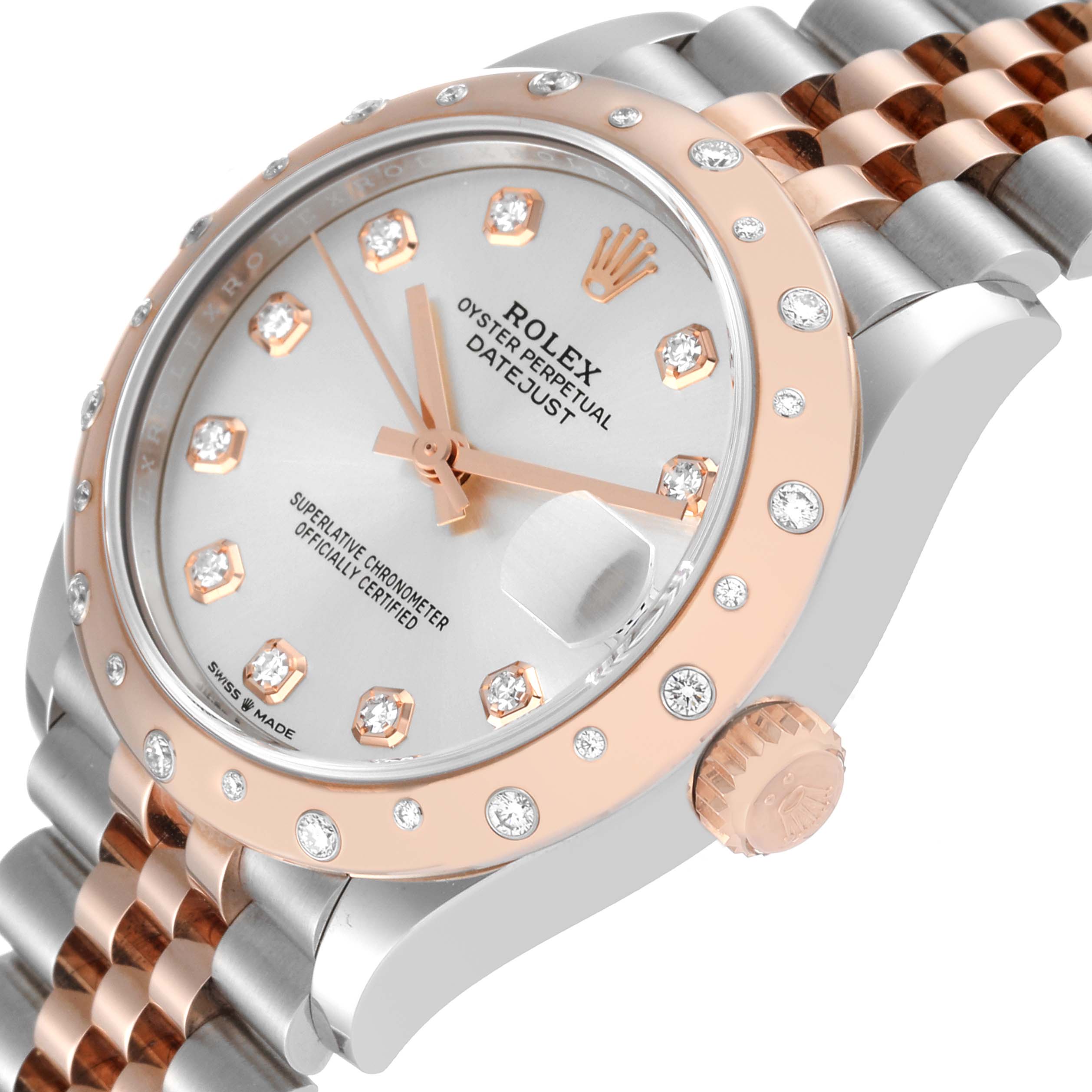 The image shows the Rolex Mid-Size 278341 Women
s Steel and Gold (two tone) Silver Dial 278341 Women
s Steel and Gold (two tone) Silver Dial Datejust watch from a three-quarter angle, highlighting the face, bezel, and bracelet.