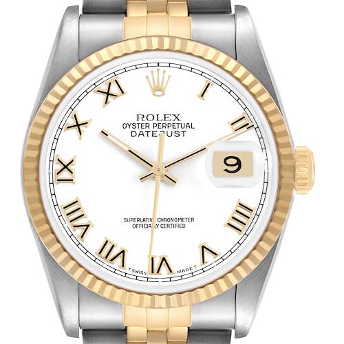 Photo of Rolex Datejust 36 Steel Yellow Gold White Roman Dial Mens Watch 16233