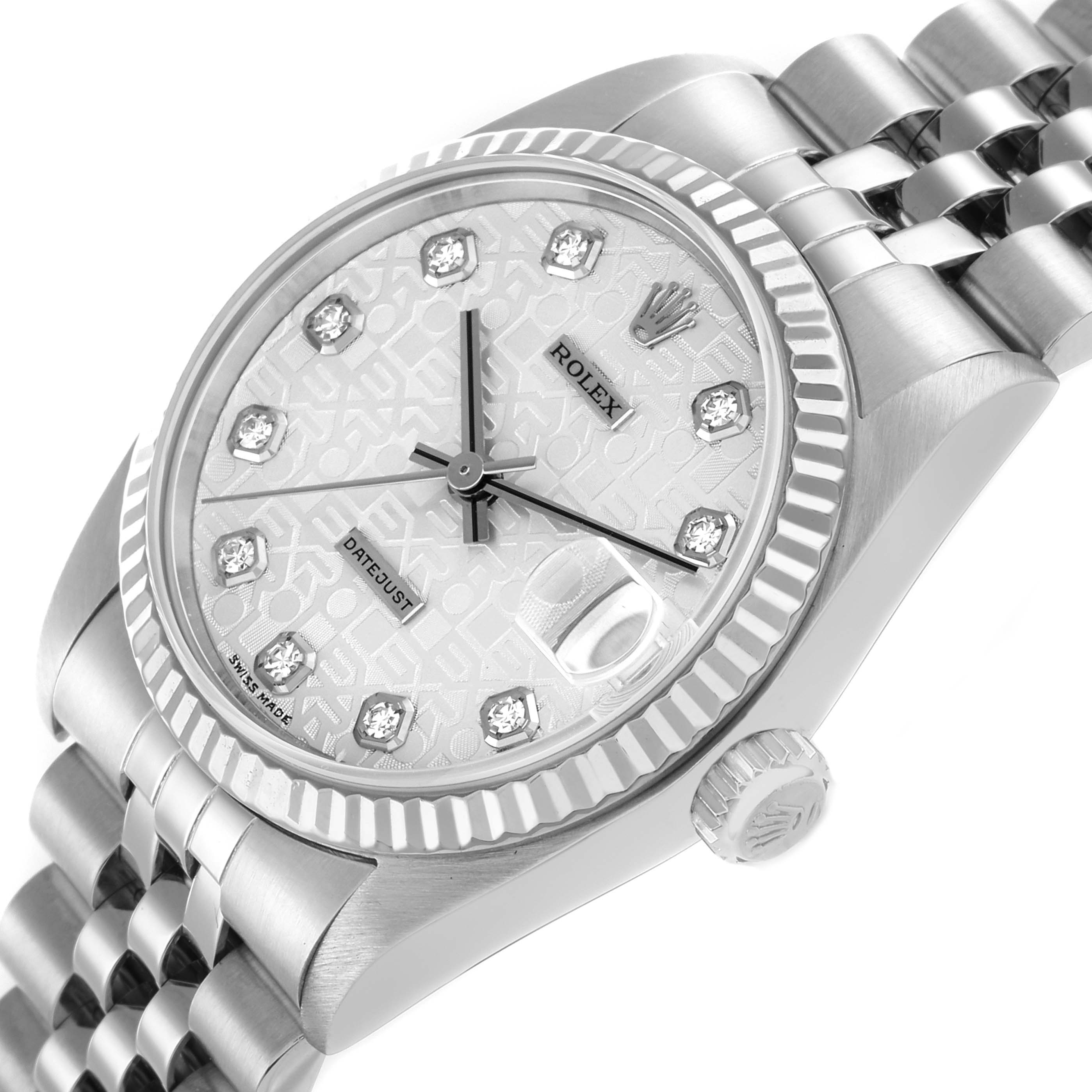 The Rolex Datejust 178274 Women
s Stainless Steel Silver Dial watch is shown at an angle highlighting the face, bezel, crown, and part of the bracelet.