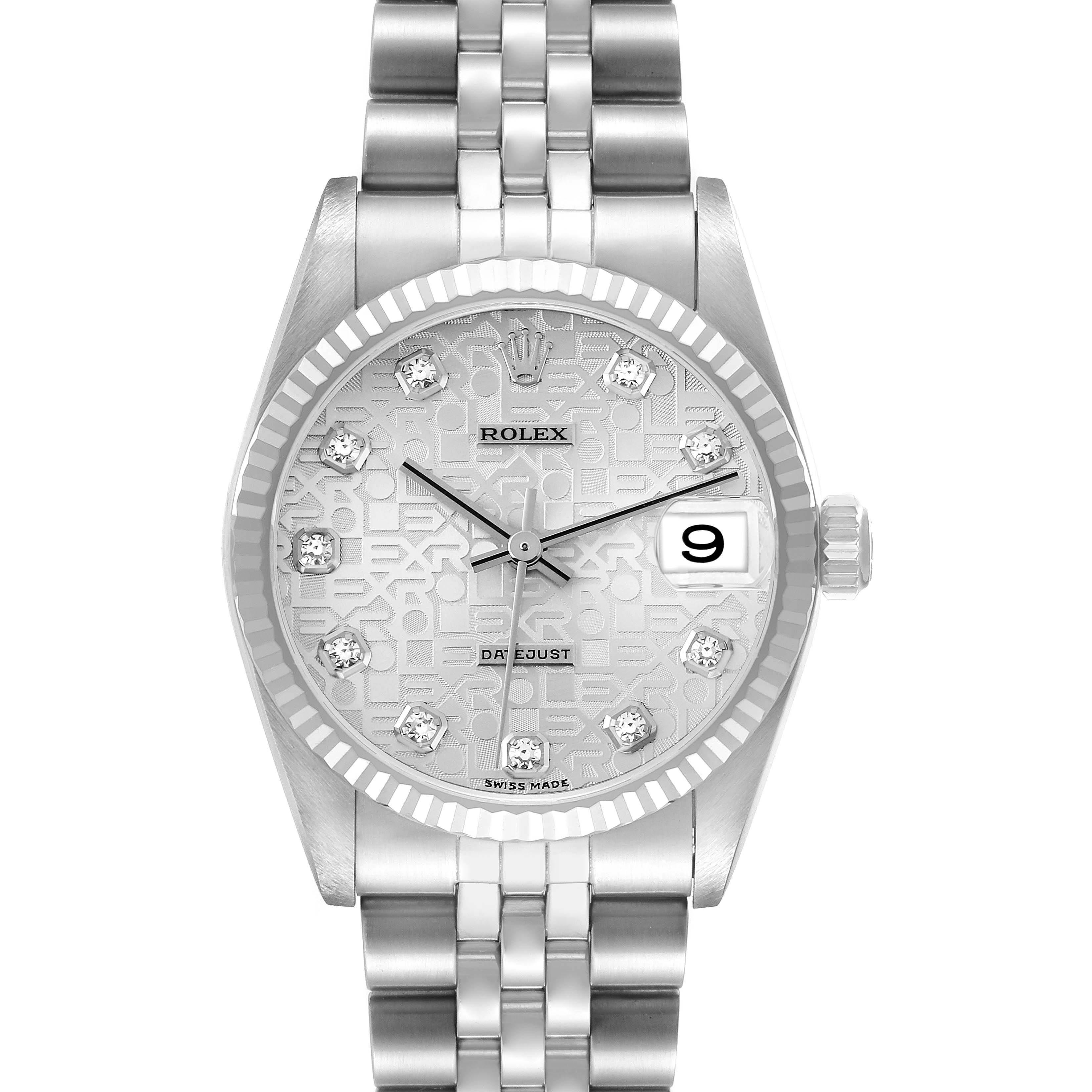 The Rolex Datejust 178274 Women
s Stainless Steel Silver Dial watch is shown from the front, displaying the dial, bezel, crown, and bracelet.