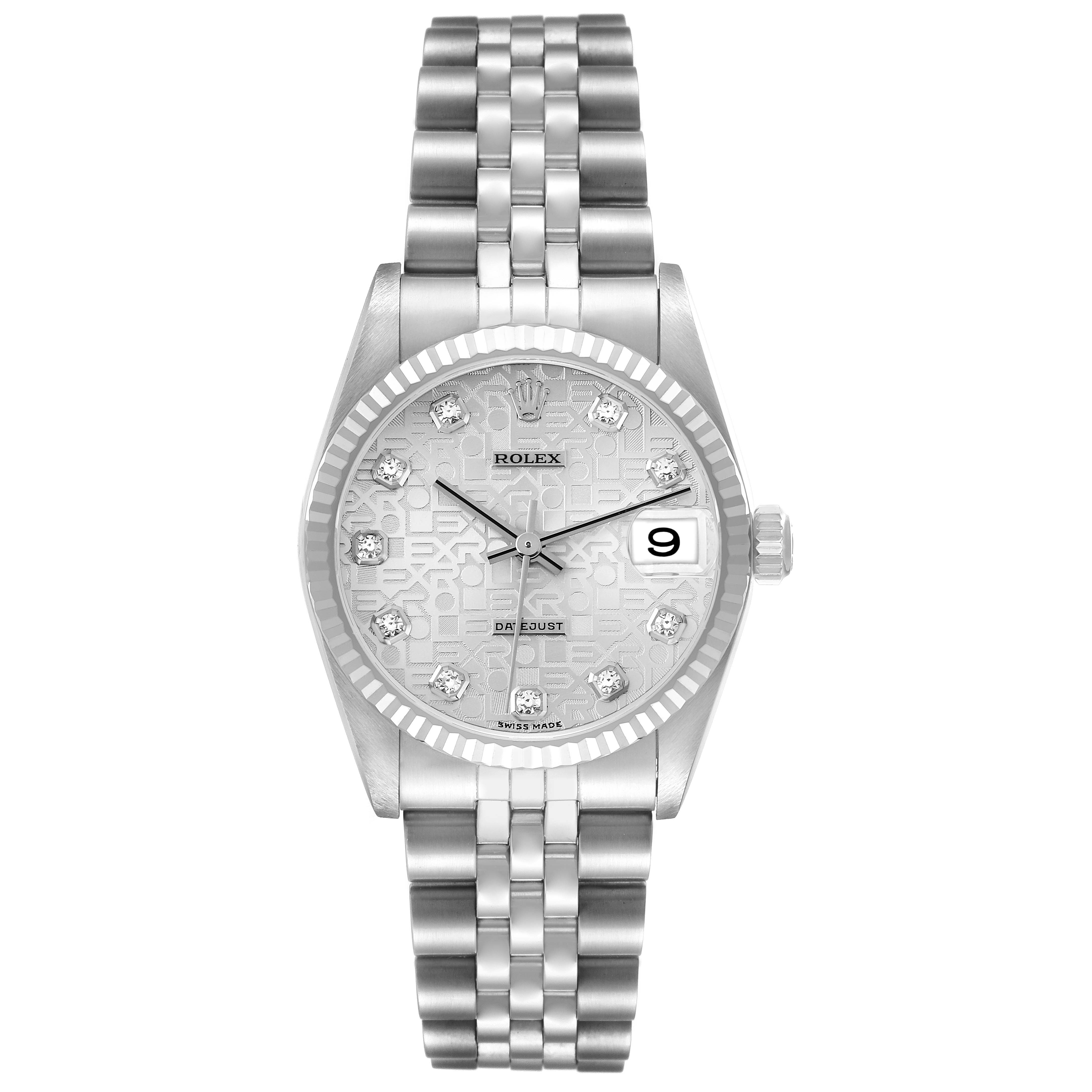 The Rolex Datejust 178274 Women
s Stainless Steel Silver Dial watch is shown from the front, highlighting the dial, fluted bezel, and jubilee bracelet.