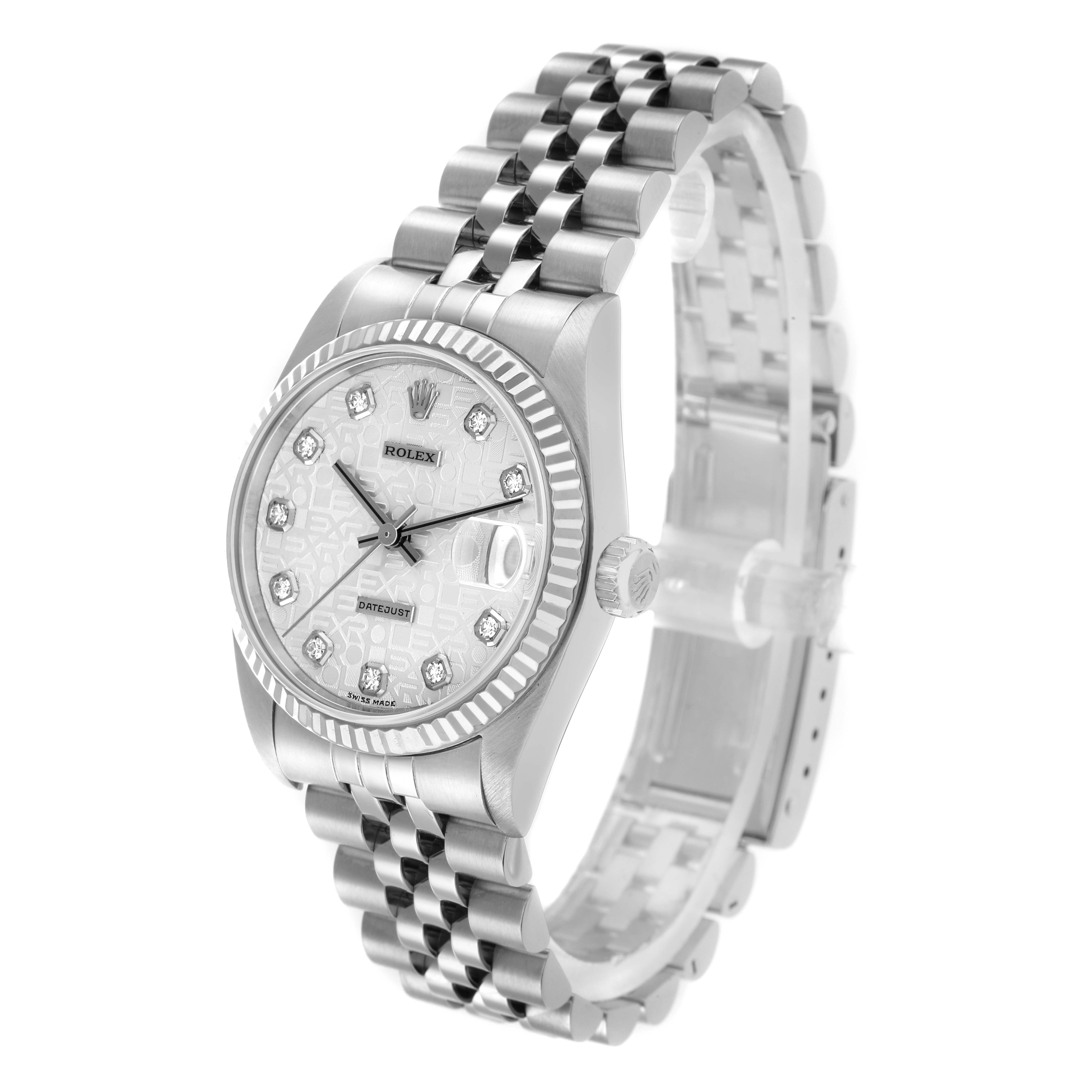 The Rolex Datejust 178274 Women
s Stainless Steel Silver Dial watch is shown at a three-quarter angle, highlighting the face, bezel, crown, and jubilee bracelet.