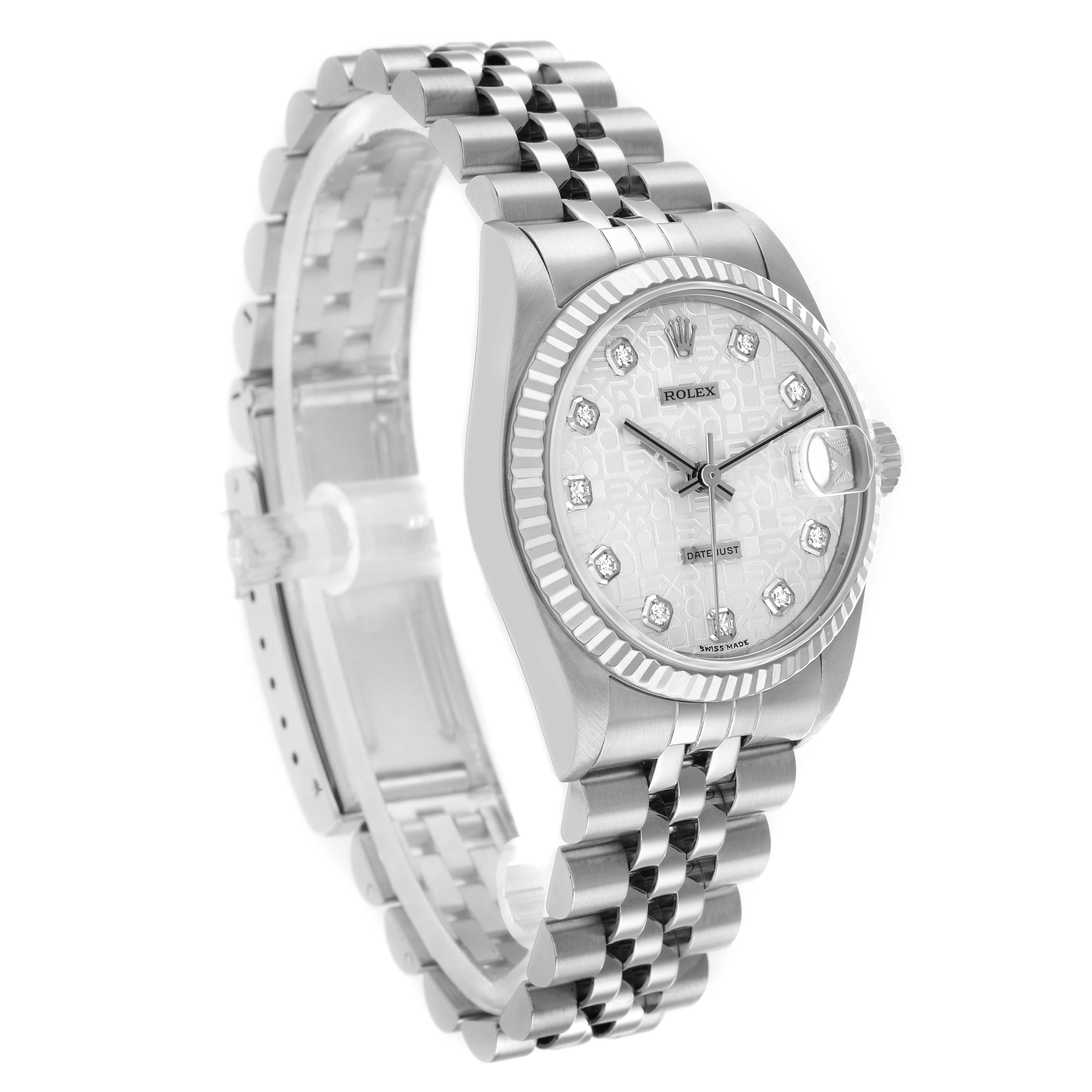 The Rolex Datejust 178274 Women
s Stainless Steel Silver Dial watch is shown at an angled view, displaying the face, bezel, and bracelet prominently.