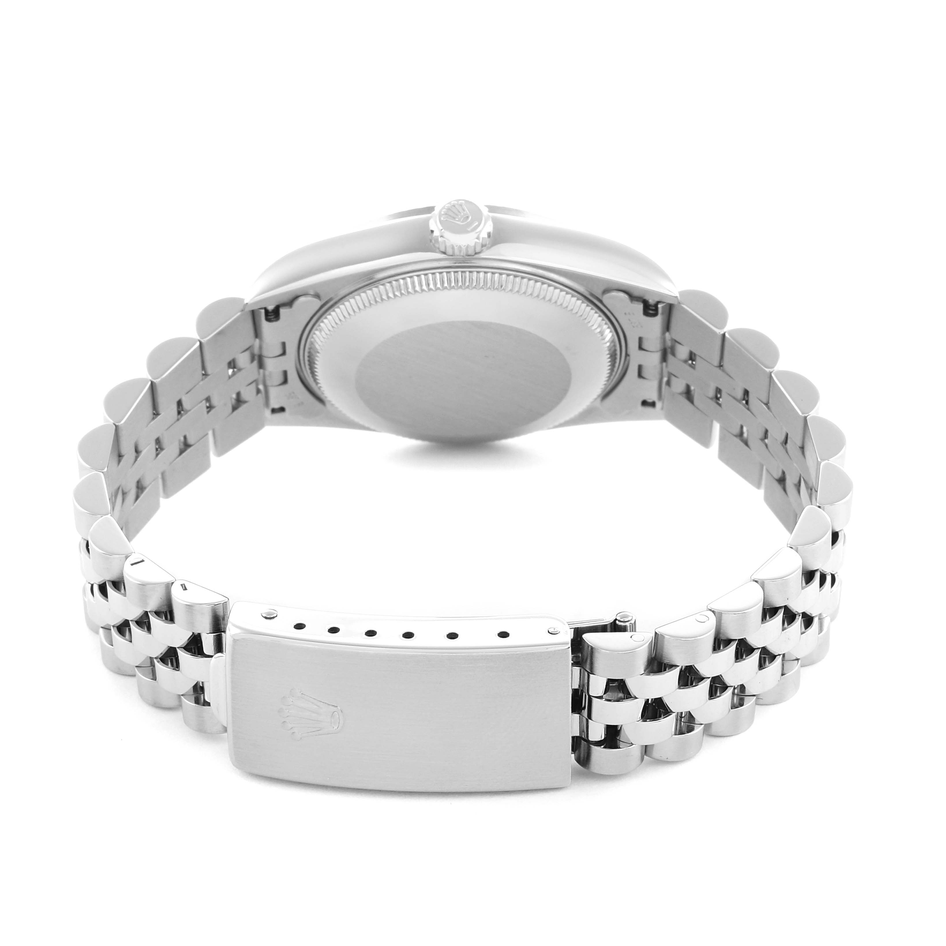 The image shows the back view of a Rolex Datejust 178274 Women
s Stainless Steel Silver Dial watch, highlighting the clasp and metal bracelet.