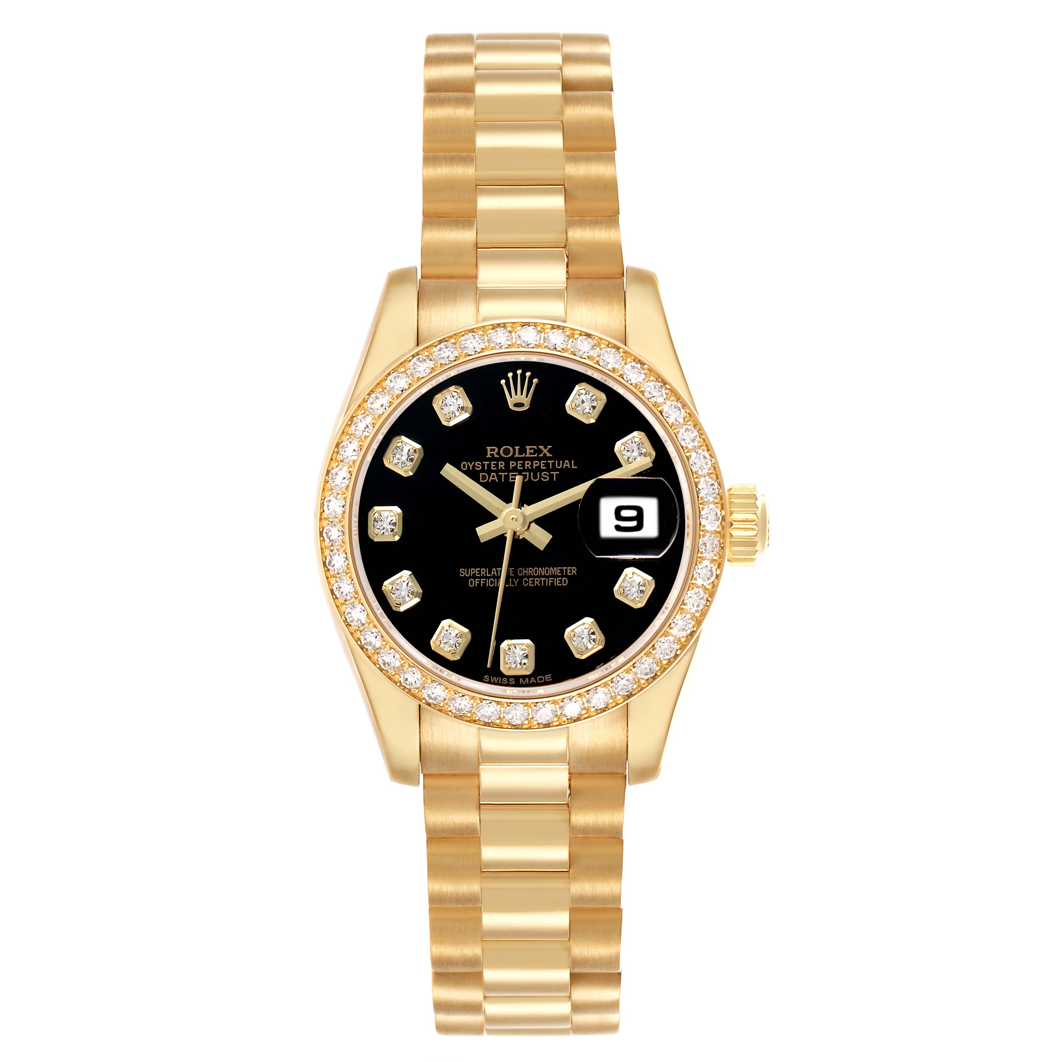 The Rolex Datejust 179138 Women
s Yellow Gold Black Dial watch is shown from a front angle, displaying the dial, bezel, and bracelet.