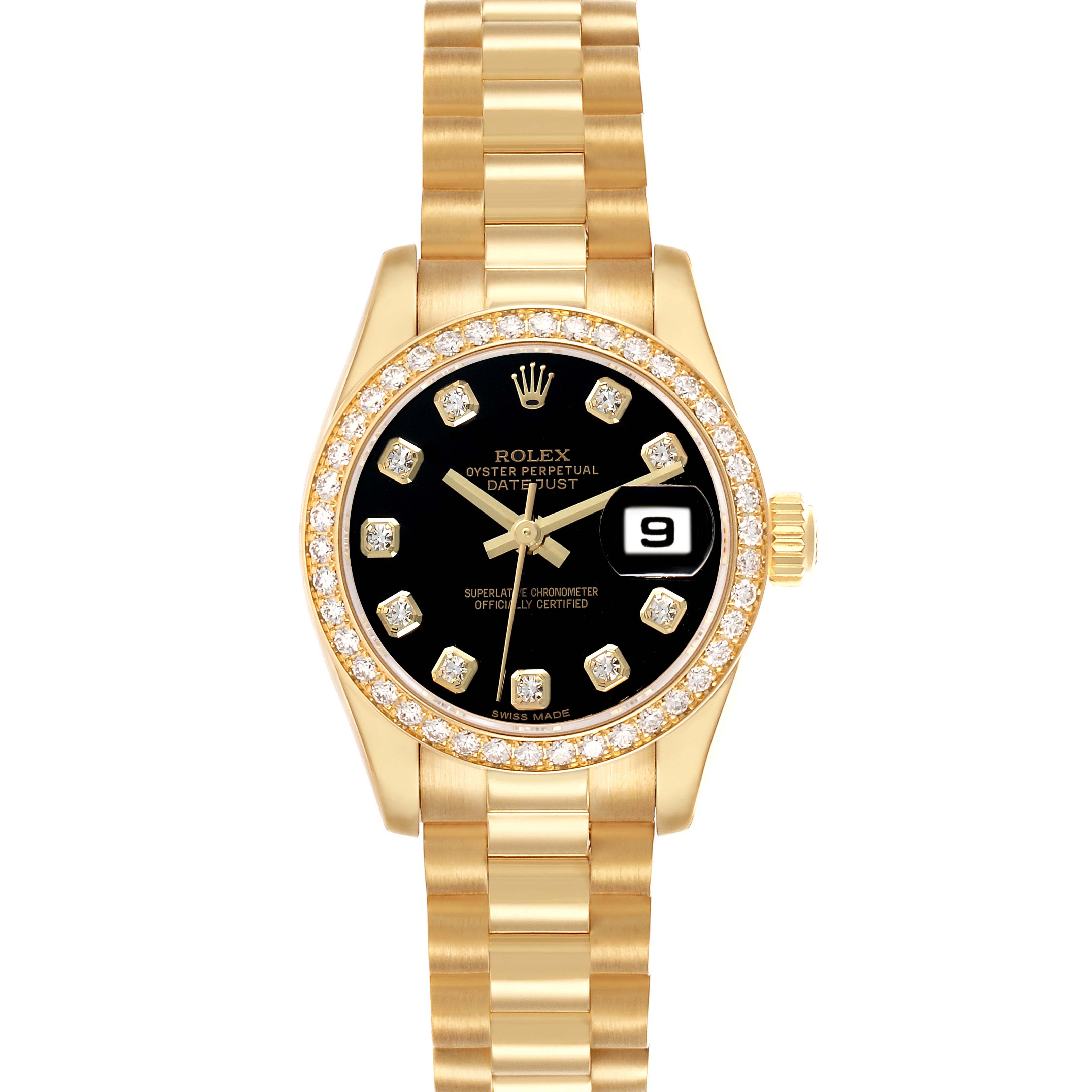 The Rolex Datejust 179138 Women
s Yellow Gold Black Dial watch is shown from a front view, highlighting the dial, bezel, and bracelet.