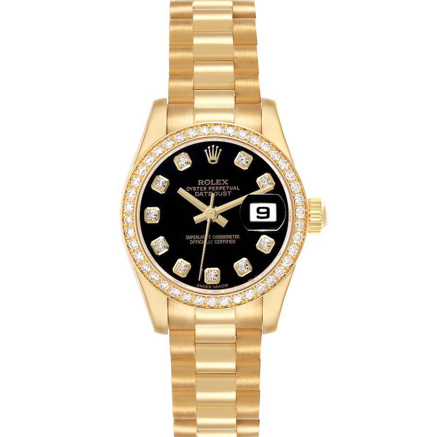 The Rolex Datejust 179138 Women's Yellow Gold Black Dial watch is shown from a front view, highlighting the dial, bezel, and bracelet.